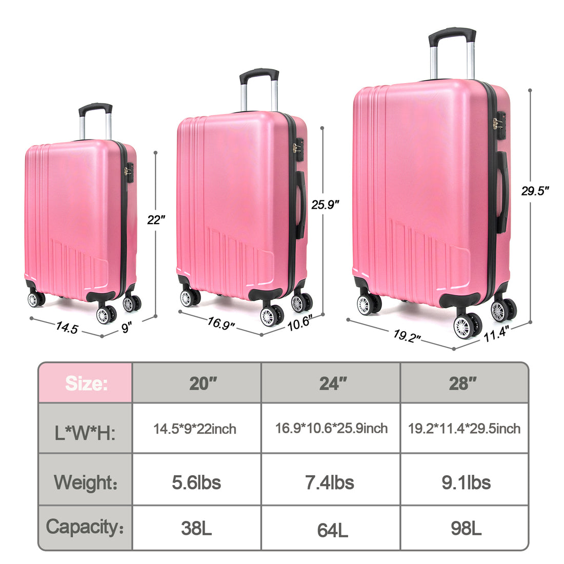 Hard Shell Abs 3 Piece Luggage Set 20 24 28 Inches , With Tsa Lock,And 360 Rotating Wheel ,Effortless Mobility Carry On Suitcase Set Men Women Pink Abs