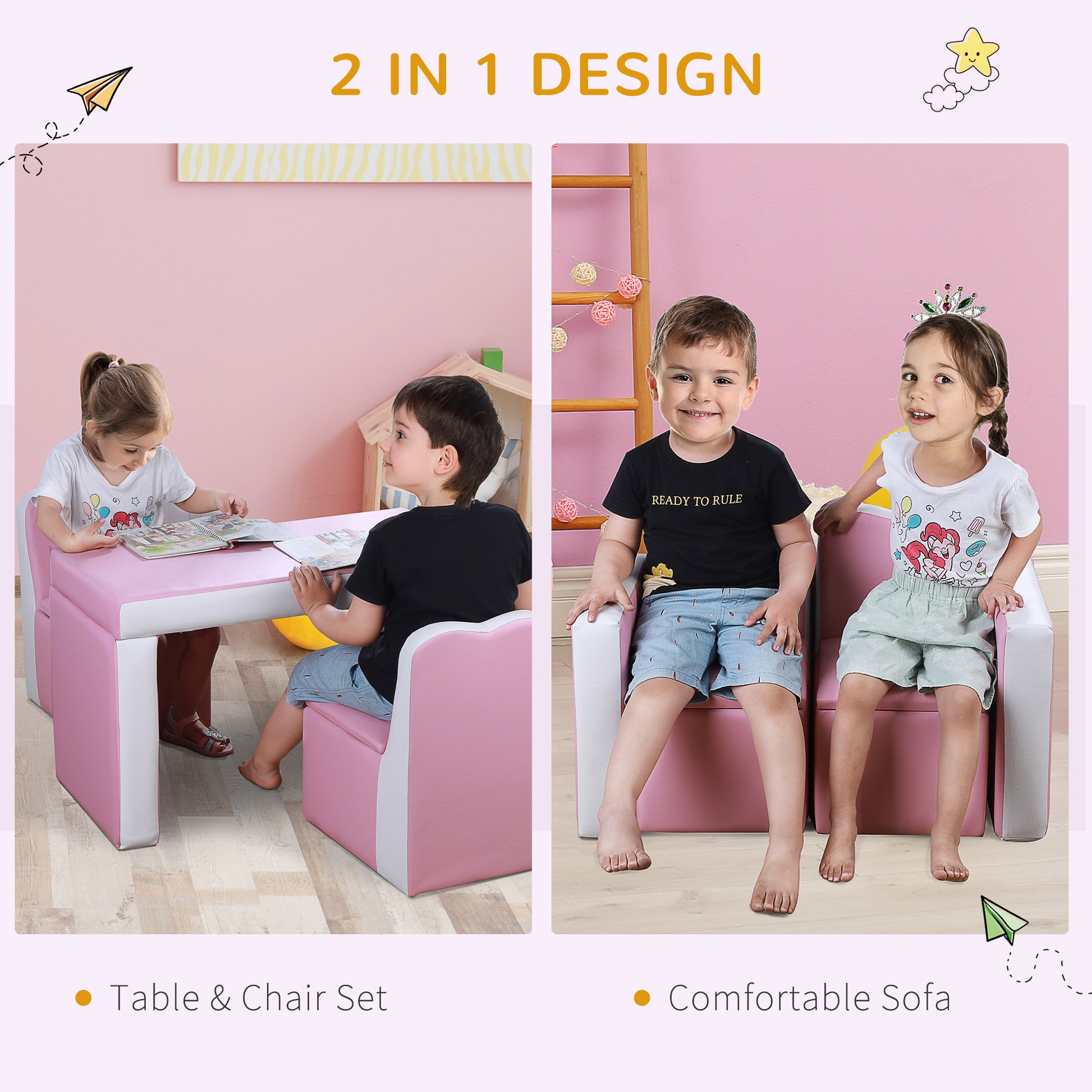 Qaba Kids Sofa Set 2 In 1 Multi Functional Toddler Table Chair Set 2 Seat Couch Storage Box Soft Sturdy Pink Pink Plastic