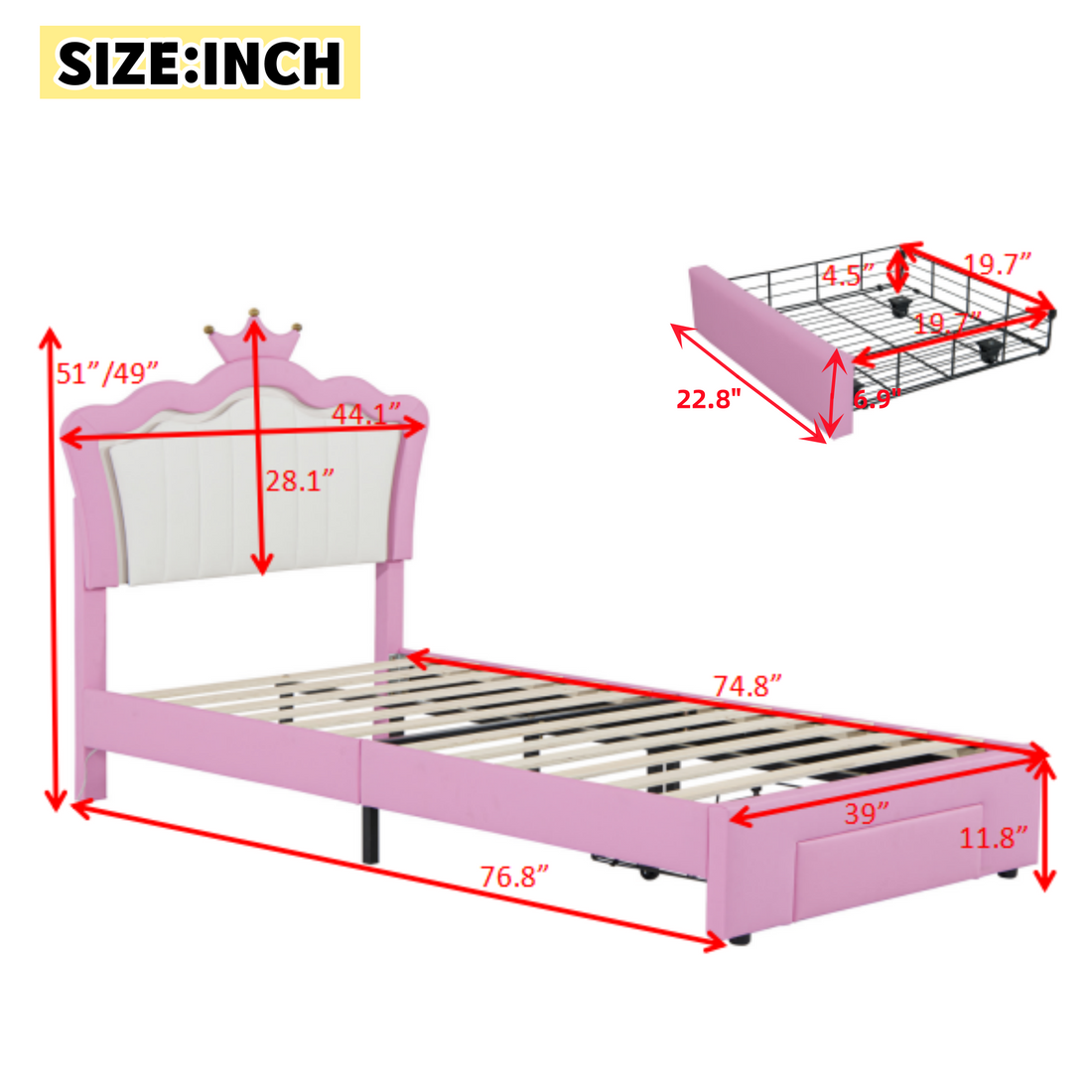 Twin Size Upholstered Bed Frame With Led Lights, Modern Upholstered Princess Bed With Crown Headboard, A Drawer, Pink White Box Spring Not Required Twin Pink White Wood Bedroom Modern Bed Frame Pu