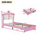 Twin Size Upholstered Bed Frame With Led Lights, Modern Upholstered Princess Bed With Crown Headboard, A Drawer, Pink White Box Spring Not Required Twin Pink White Wood Bedroom Modern Bed Frame Pu