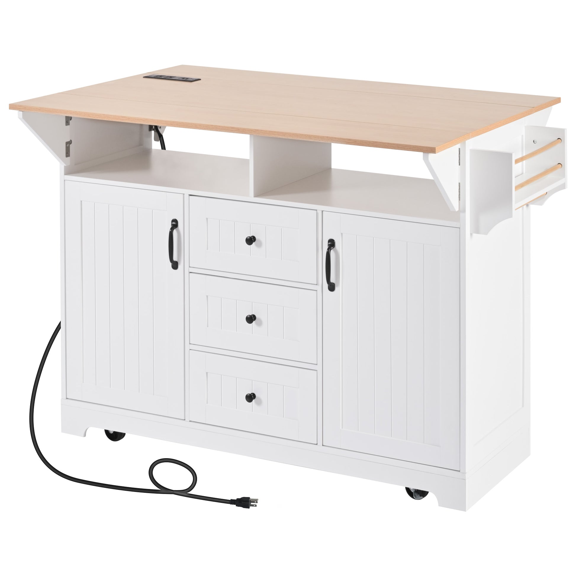 K&K 55.7'' Large Kitchen Island With 2 Drop Leaf, Rolling Kitchen Cart On 5 Wheels With Power Outlet, Folding Storage Dining Table With Spice & Towel Rack3 Drawers, For Kitchen, Dining Room,White White White Kitchen Classic,Farmhouse,Luxury,Modern