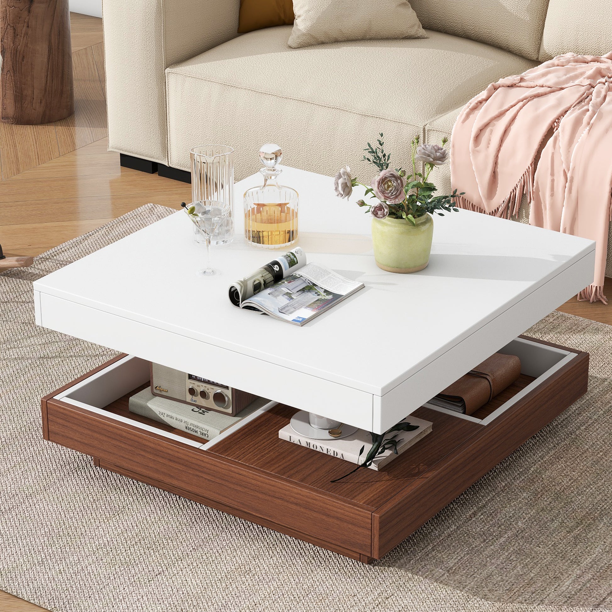 Modern Square 360 Rotating Coffee Table With Three Detachable Tray, 2 Tier Farmhouse Wood Center Table With Storage For Living Room, White, 27.5*27.5In White Walnut Primary Living Space Mdf