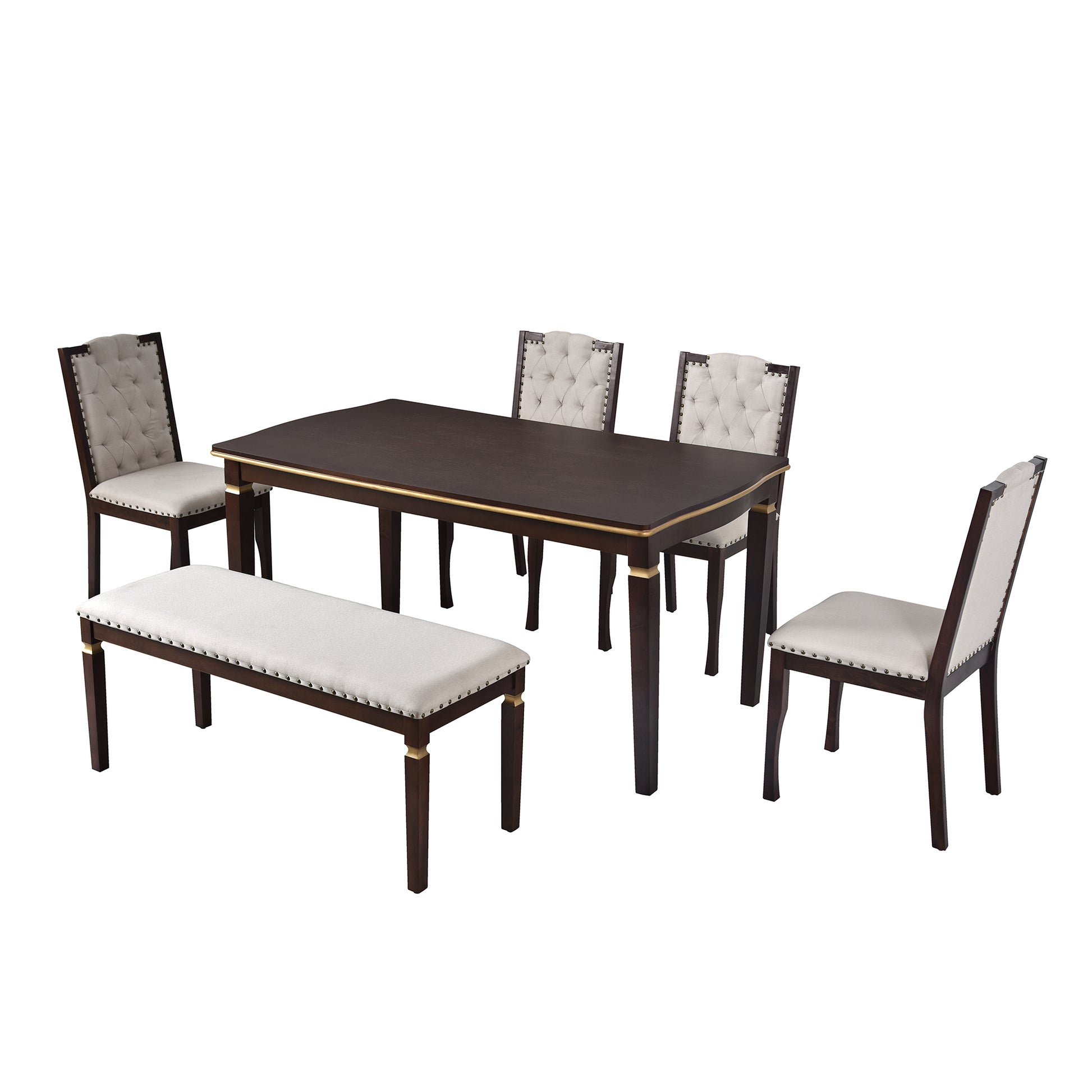 6 Piece Kitchen Dining Table Set, 60" Rectangular Table And 4 High Back Tufted Chairs & 1 Bench For Dining Room And Kitchen Espresso Upholstered Chair Espresso Seats 6 Solid Wood Classic,Modern 4