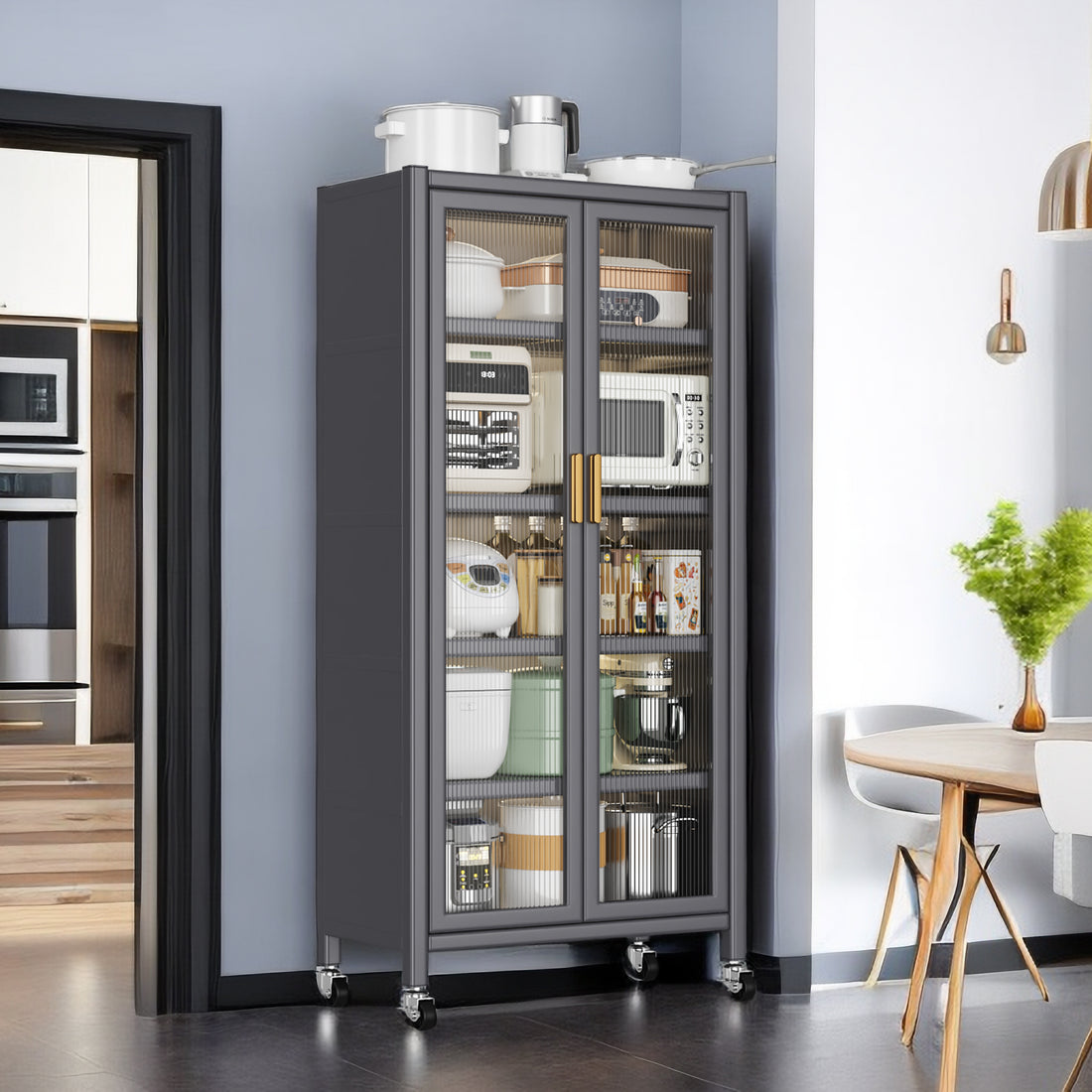 Open Door Kitchen Shelving Floor To Ceiling Multilevel Household Microwave Storage Cabinet Bowls Side Cabinets Cabinets Storage Cabinets Grey Color Grey Kitchen American Design Metal