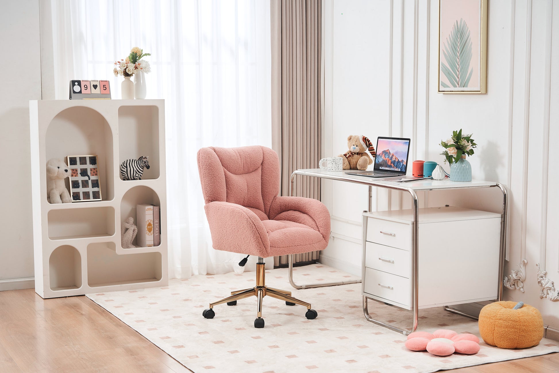 005 Teddy Fabric 360 Swivel Home Office Chair With Gold Metal Base And Universal Wheels,Pink Solid Pink Office Sponge Wipe Clean Modern Office Chairs Tufted Back Foam Swivel Teddy