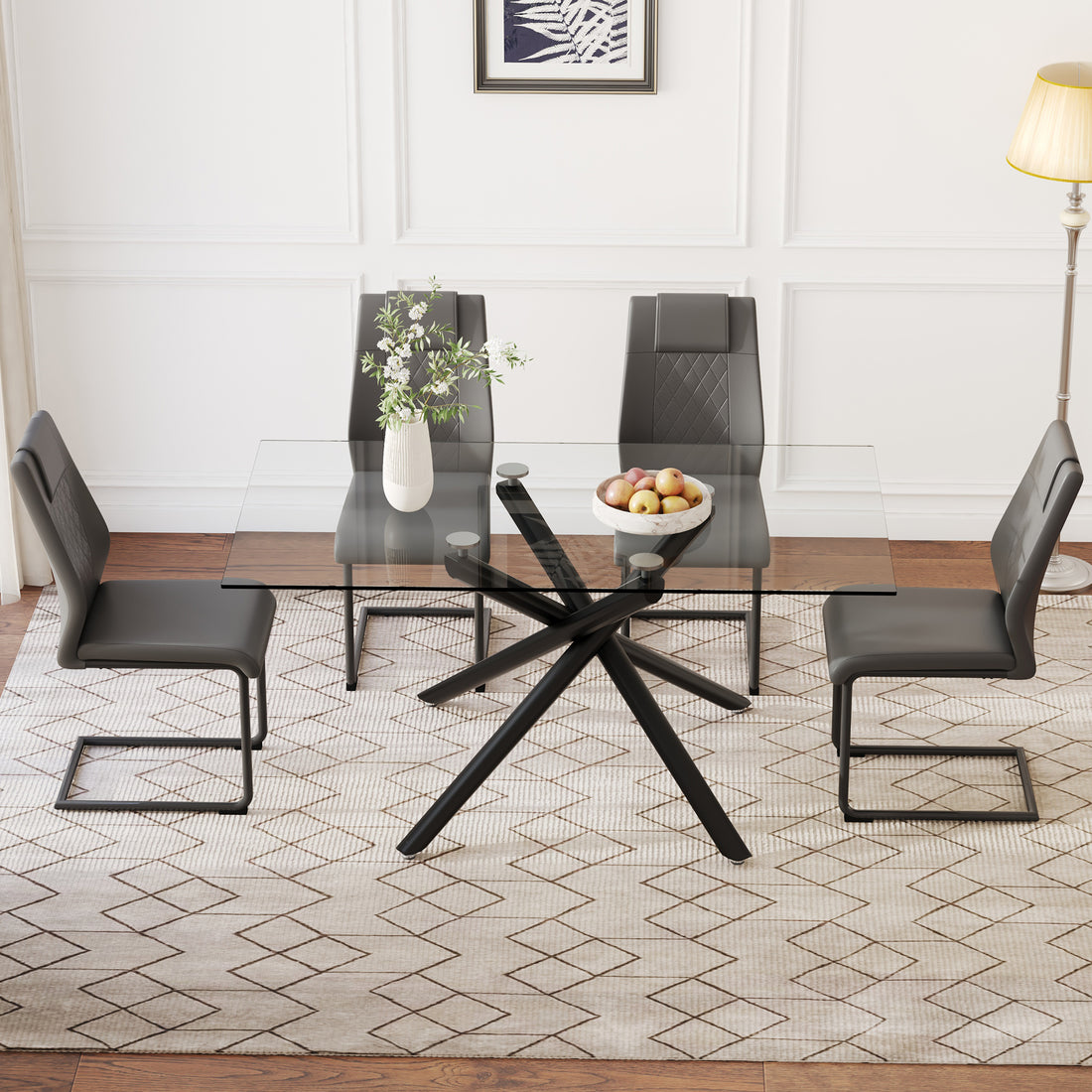 Table And Chair Set.Modern Rectangular Glass Dining Table With 0.39" Tempered Glass Tabletop And Black Metal Legs.Paired With Multiple Chairs Designed With Pu Cushions And Black Metal Legs. Black Grey Seats 4 Tempered Glass