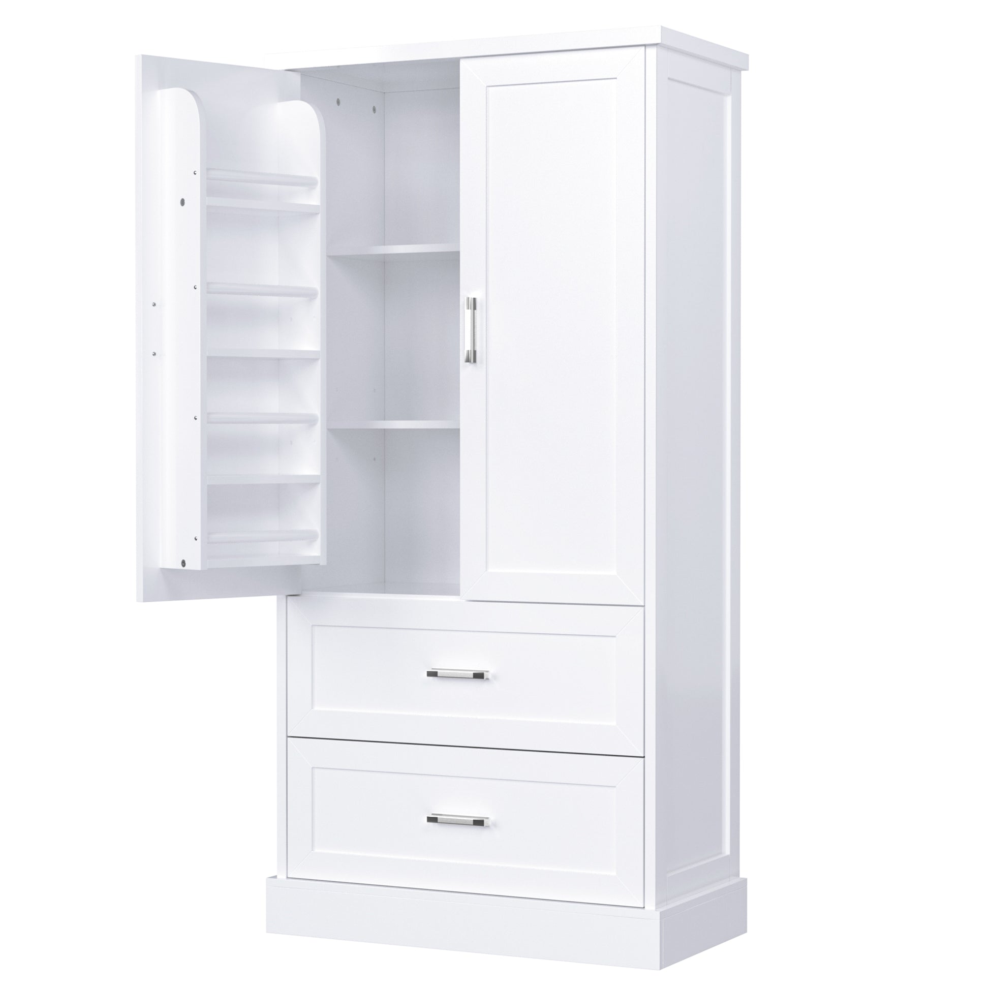 Tall Bathroom Storage Cabinet, Cabinet With Two Doors And Drawers, Adjustable Shelf, Mdf Board, White White Mdf