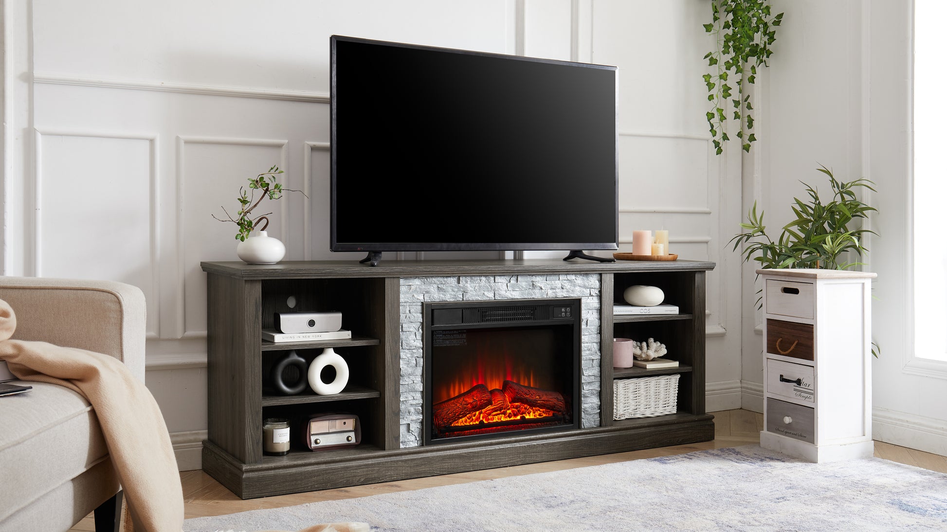 Large Tv Desk Storage Rack With Faux Stacked Stone Surround,Media Console Table With Large Storage Cabinet,Modern Tv Stand With 23" Fireplace Insert,Grey, 70.12"W*15.35"D*25.83"H Grey 70 79 Inches Mdf