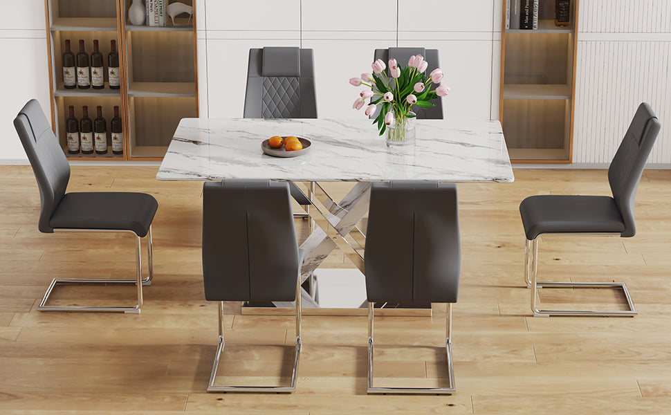 Table And Chair Set, Modern Dining Table, Imitation Marble White Top And Silver Legs, Soft And Comfortable Dining Chair, Perfect For Dinner, Meetings, Home And Office Decor Grey Silver Glass Metal