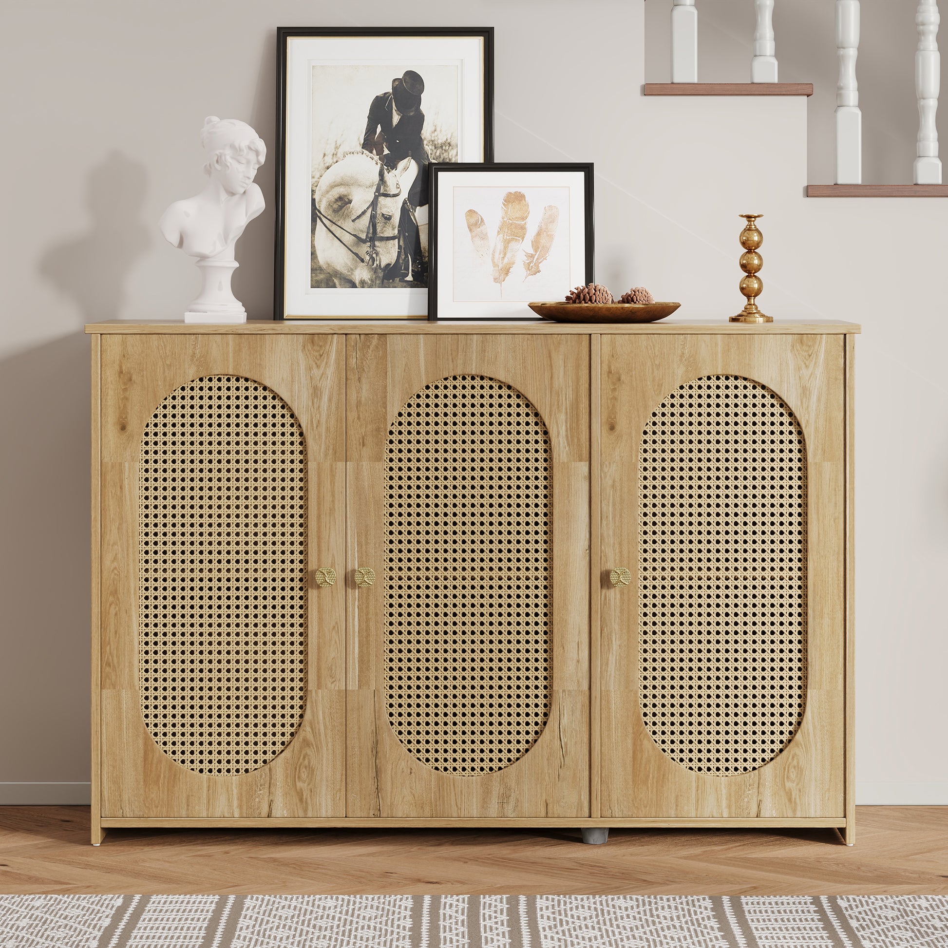 Retro 3 Door Sideboard With Large Storage Space Artificial Rattan Doors And Metal Handles, Accent Cabinet For Living Room And Hallway Natural Wood Natural Wood Particle Board Mdf