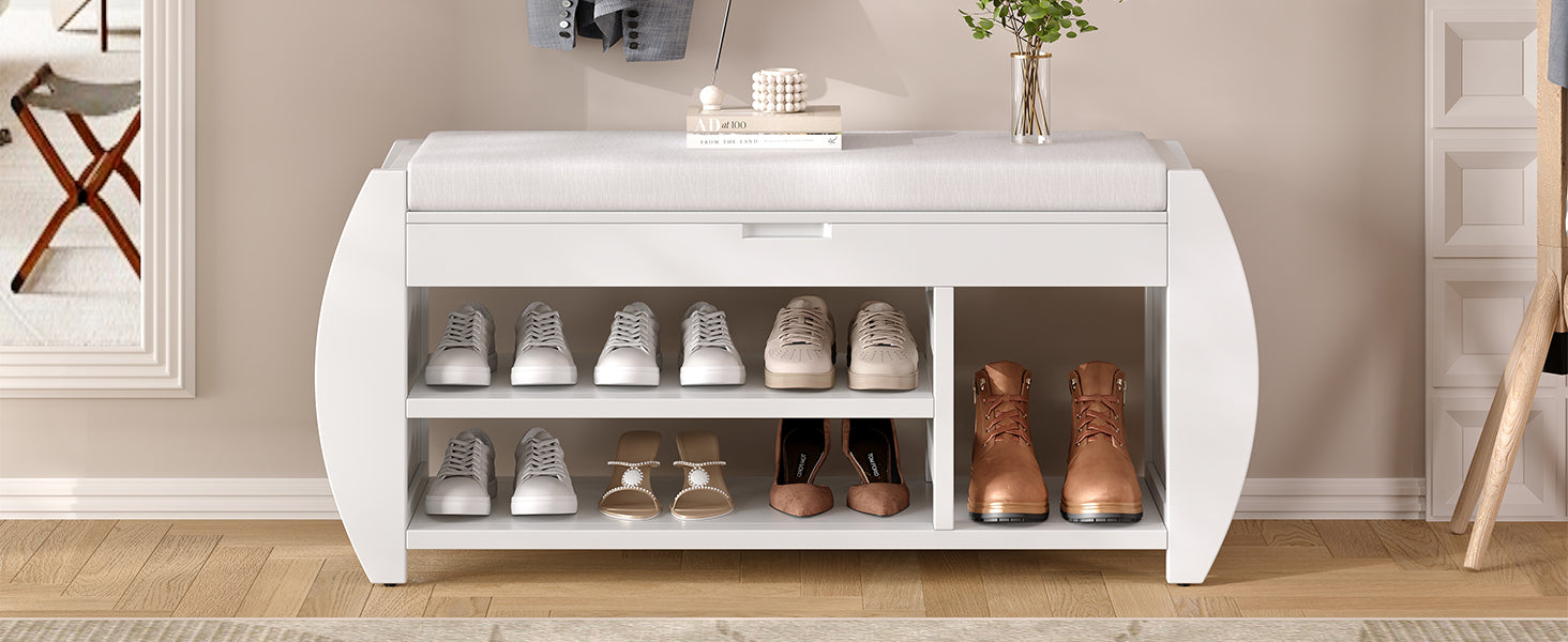 Retro Multifunctional Storage Bench With Cushion And Curved Side Panel For Entrance And Living Room Antique White Antique White Mdf