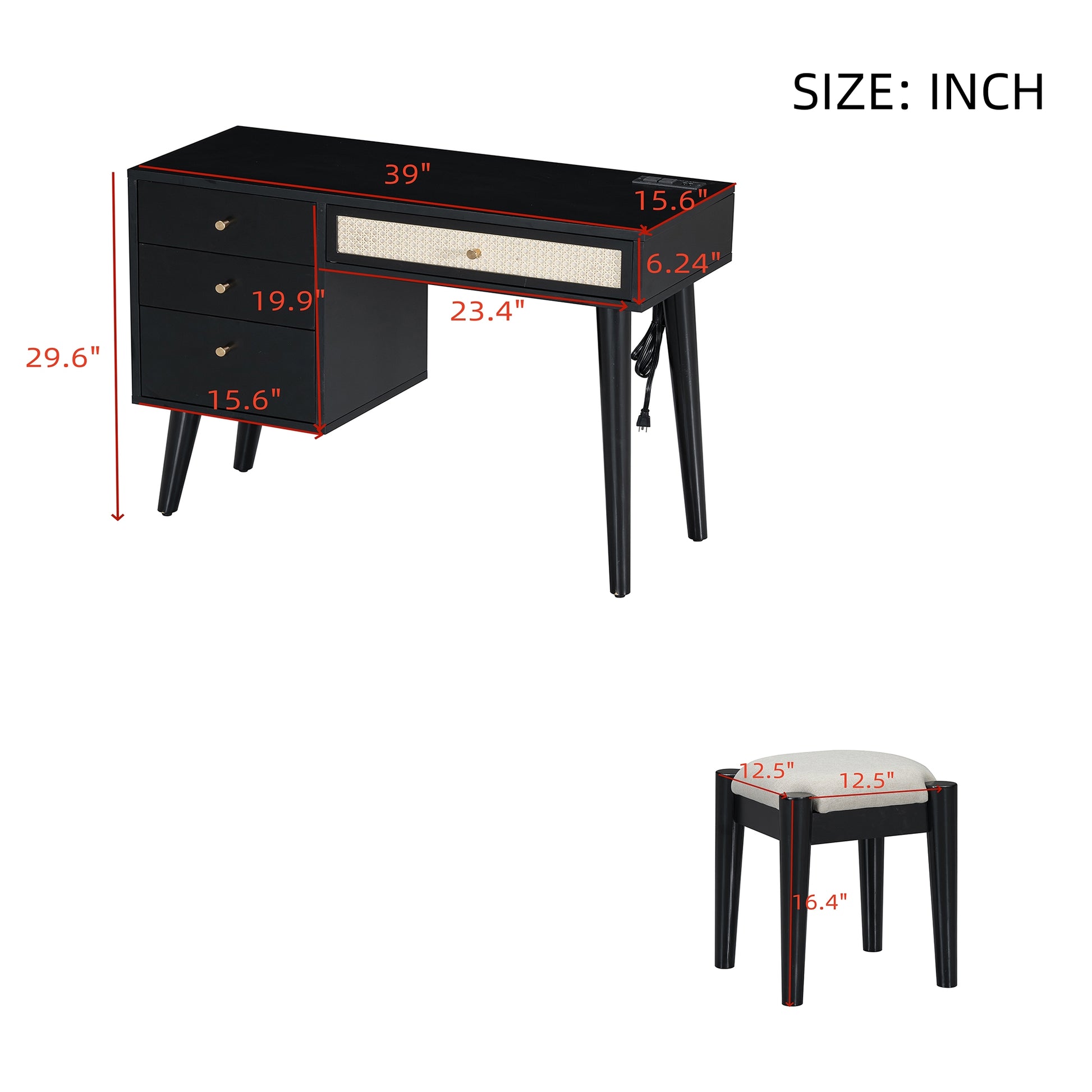 39" Retro Bohemian Style Wooden Makeup Vanity Set With Charging Plug&Usb Port And Stool, Dressing Table With 3 Storage Drawers And 1 Rectangular Rattan Drawer, Black Black 4 Drawers Wood