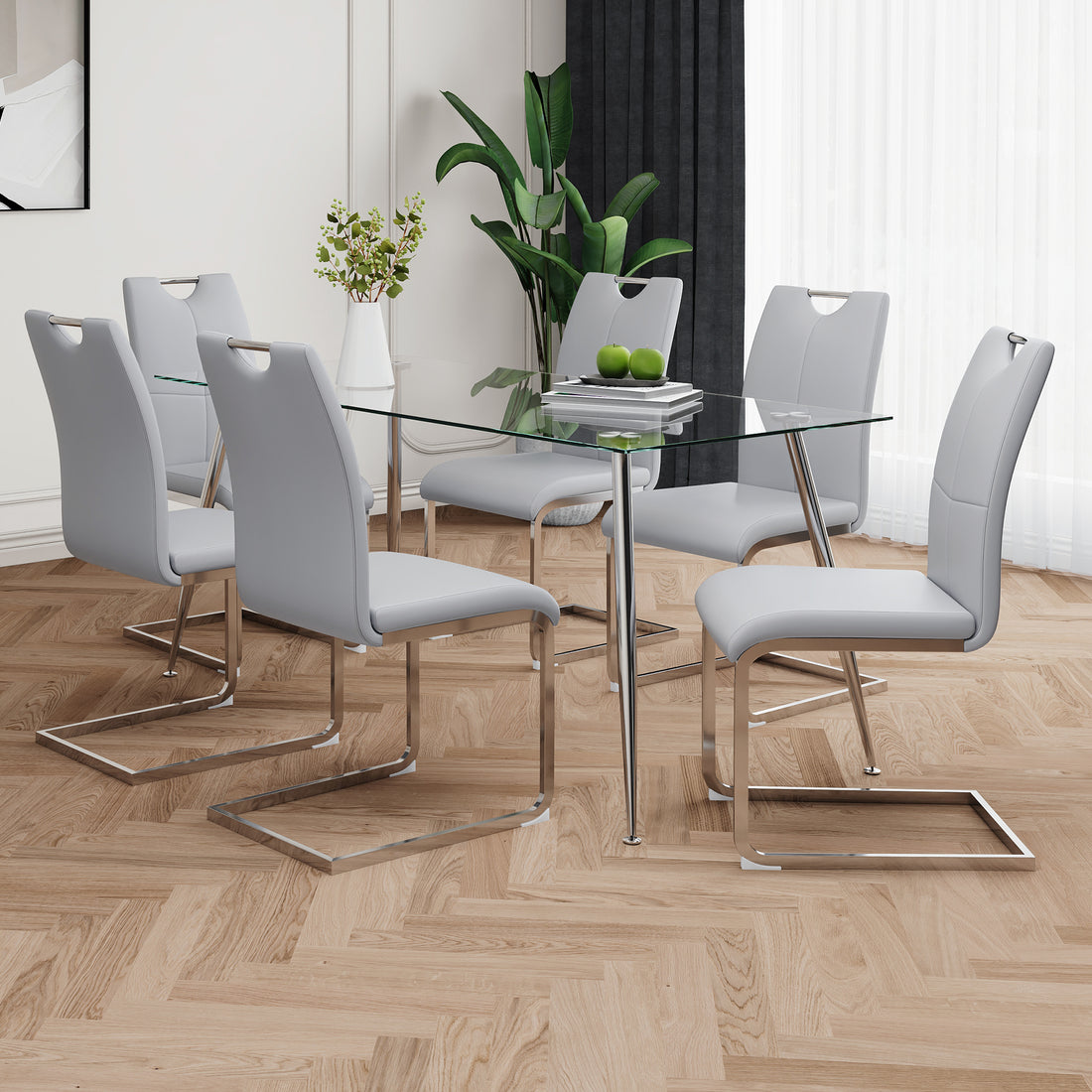 Modern Simple Rectangular Glass Dining Table, Solid Tempered Glass Tabletop, Electroplated Table Legs, Gray Pu Dining Chair Set, Suitable For Restaurant Kitchen Use Set Of 7 Upholstered Chair Glass Gray Pu Seats 6 Metal Rectangular Dining Table With
