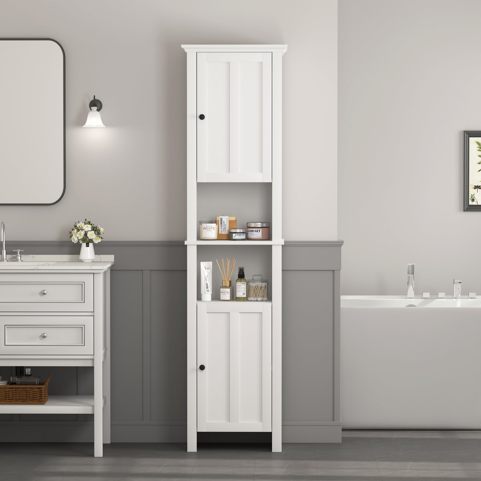 Bathroom Floor Storage Cabinet With 2 Doors Living Room Wooden Cabinet With 6 Shelves 15.75 X 11.81 X 66.93 Inch White Mdf