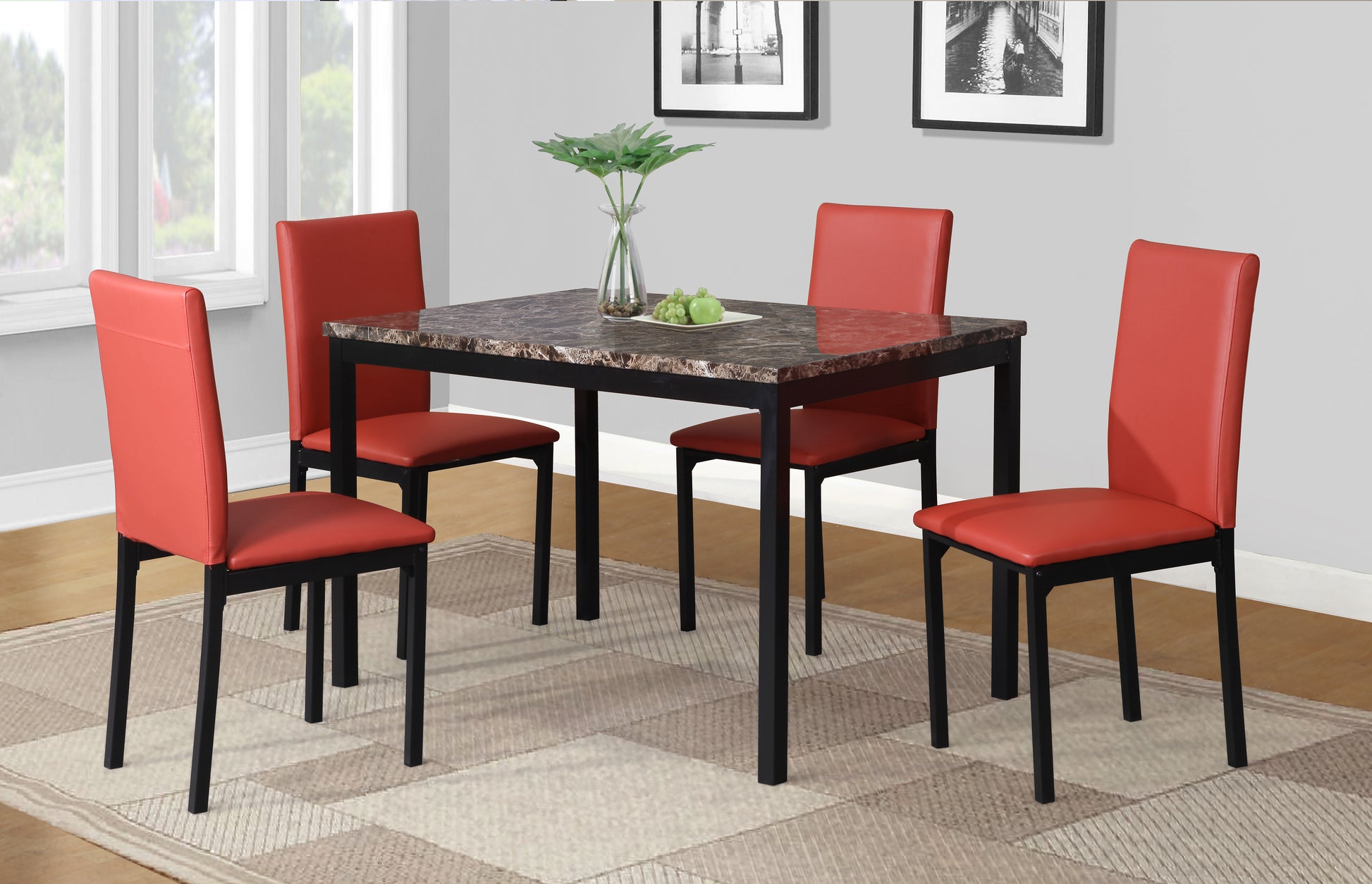 Citico 5 Piece Metal Dinette Set With Laminated Faux Marble Top, Red Wood Black Red Metal Fixed Table Casual Rectangular Rectangular Metal