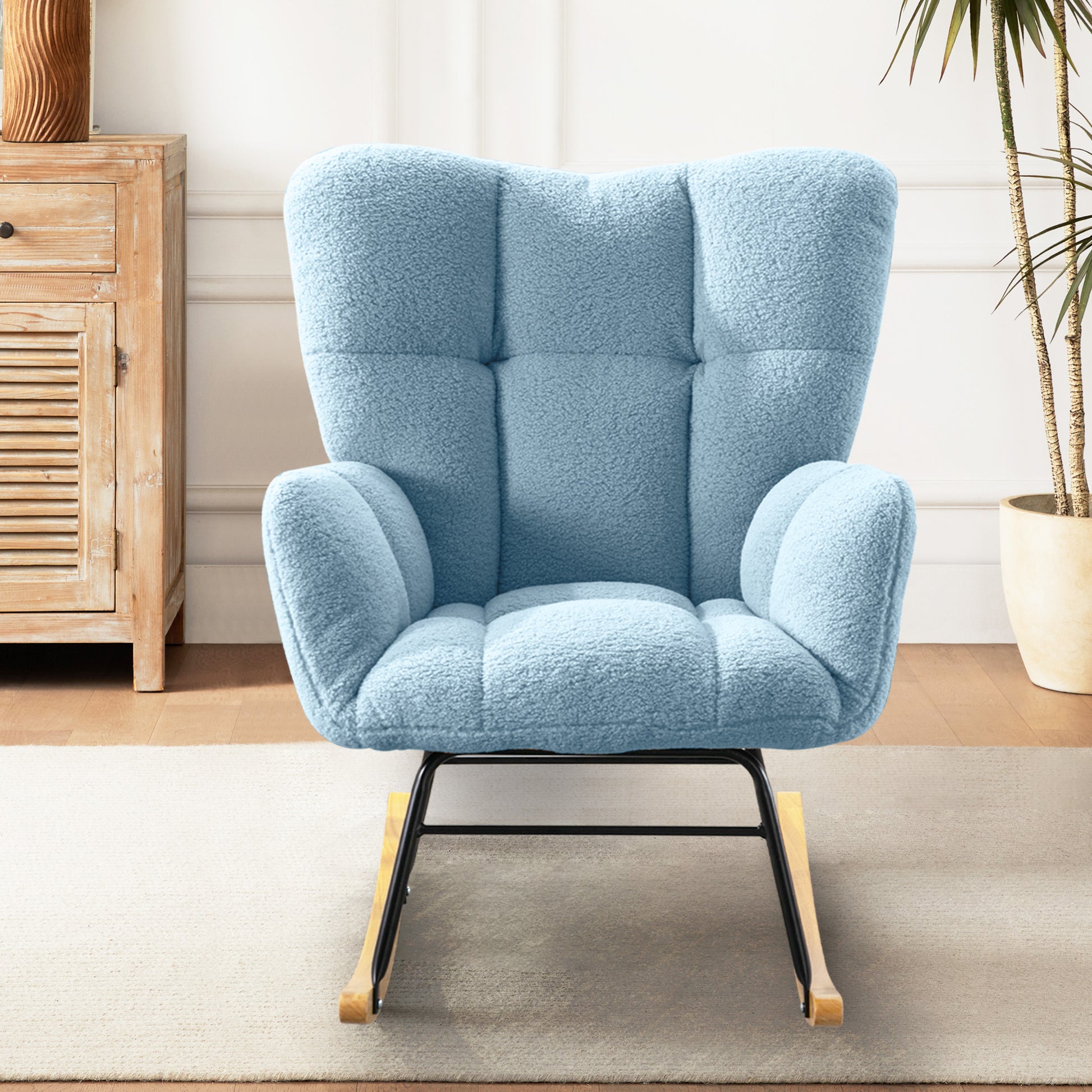 Teddy Fabric Rocking Chair, Modern Rocking Accent Chair For Nursery, Living Room, Bedroom, Sky Blue Metal Blue Bedroom Foam Modern Rocking Chairs Foam Wood Metal