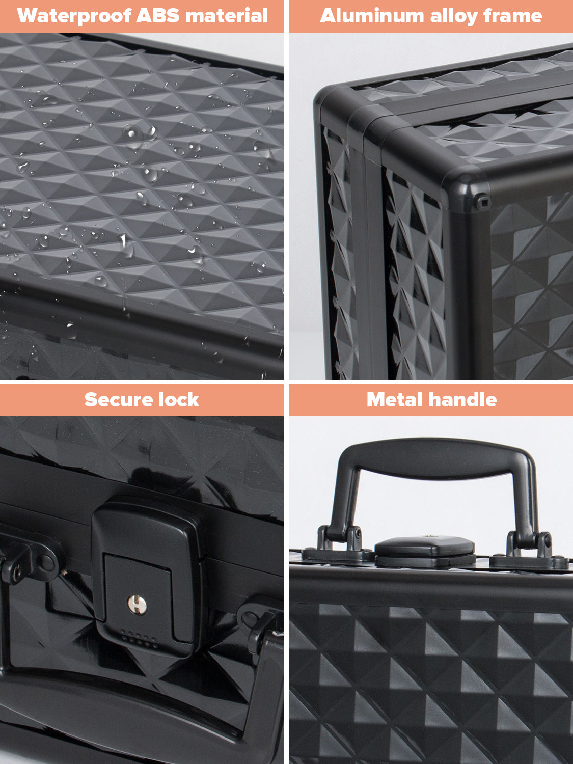 Portable Makeup Case With Led Mirror Travel Makeup Bag Cosmetic Organizer Box With Locks, Brush Holder, Dividers, Rechargeable, Black Black Aluminium Alloy