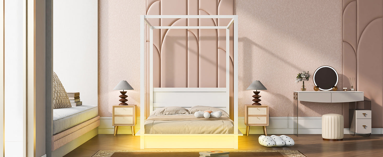 Full Size Wood Led Canopy Bed ,Canopy Platform Bed With Support Slats, No Box Spring Needed, White Full White Plywood