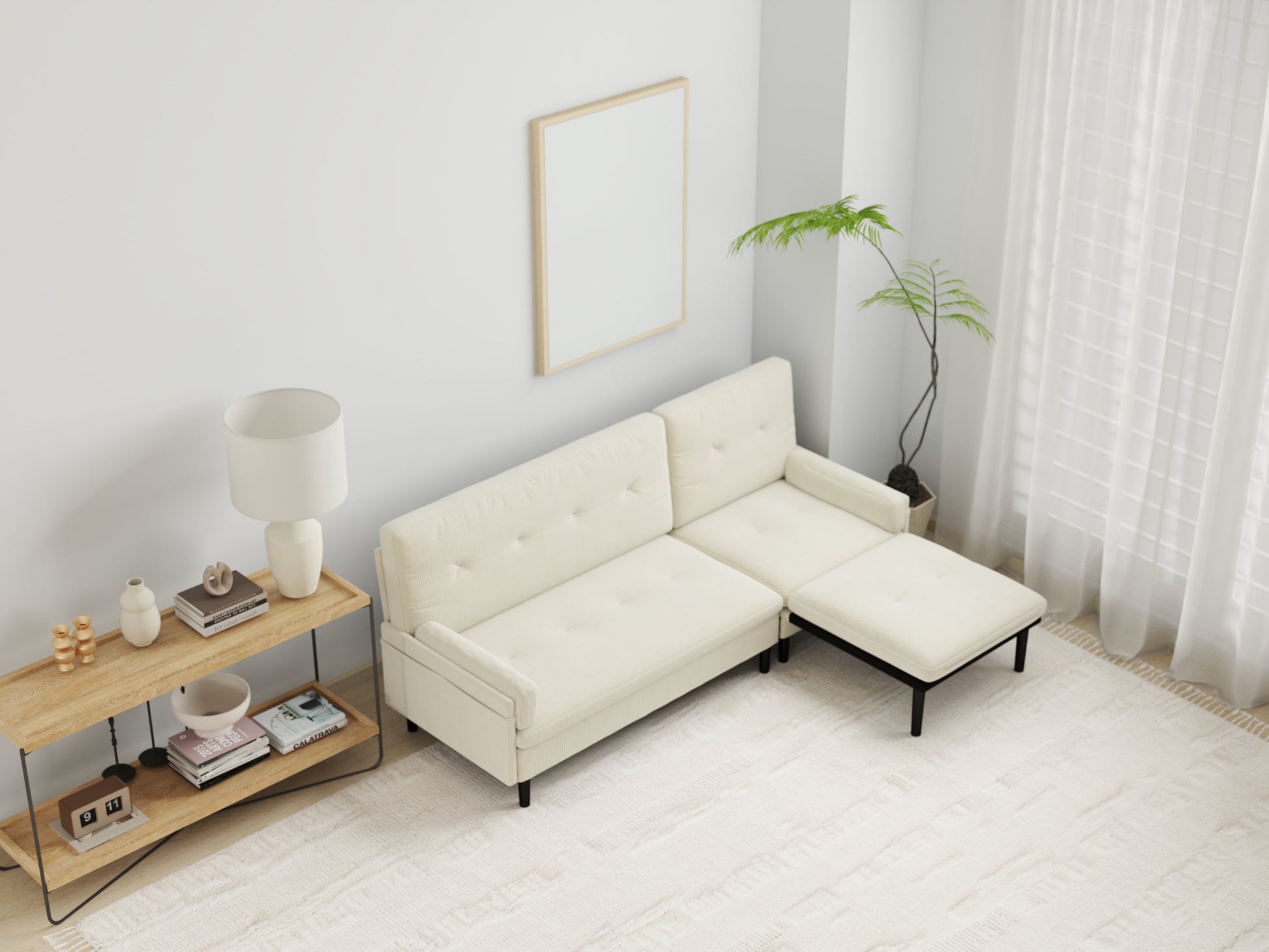 Ivory Corduroy Sectional Sofa: Convertible 3 Seater Sofa, L Shaped Sofa, And Bed Ivory Velvet Metal Primary Living Space Medium Soft Loose Back Pillow Top Arms Foam Fabric Metal 3 Seat