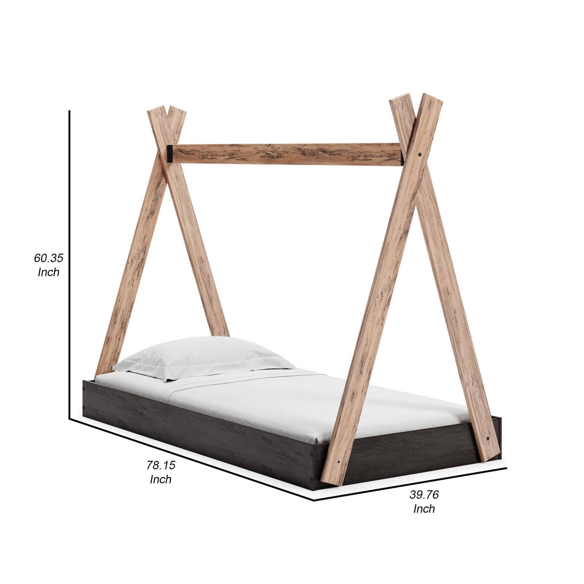 Pipa Modern Twin Size Bed, Crossed Wood A Frame Tent Stand, Jet Black Base Brown Wood