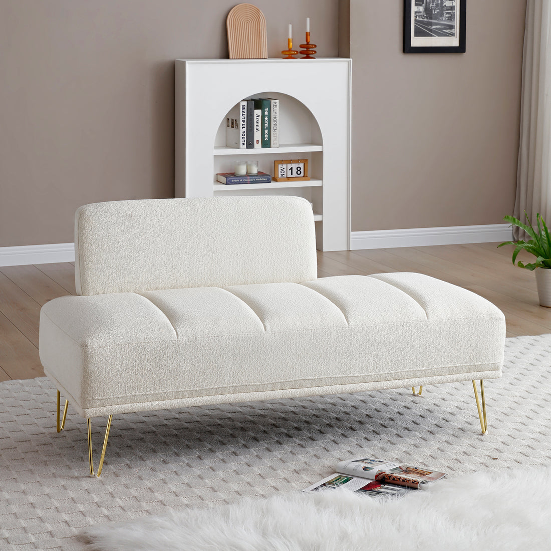 56.3"Inch Width Modern End Of Bed Bench,Teddy Fabric Upholstered 2 Seater Sofa Couch Entryway Ottoman Bench, Fuzzy Sofa Stool Footrest Window Bench With Gold Metal Legs For Bedroom, Living Room,Beige Beige Wood Primary Living Space Modern Foam Teddy 2