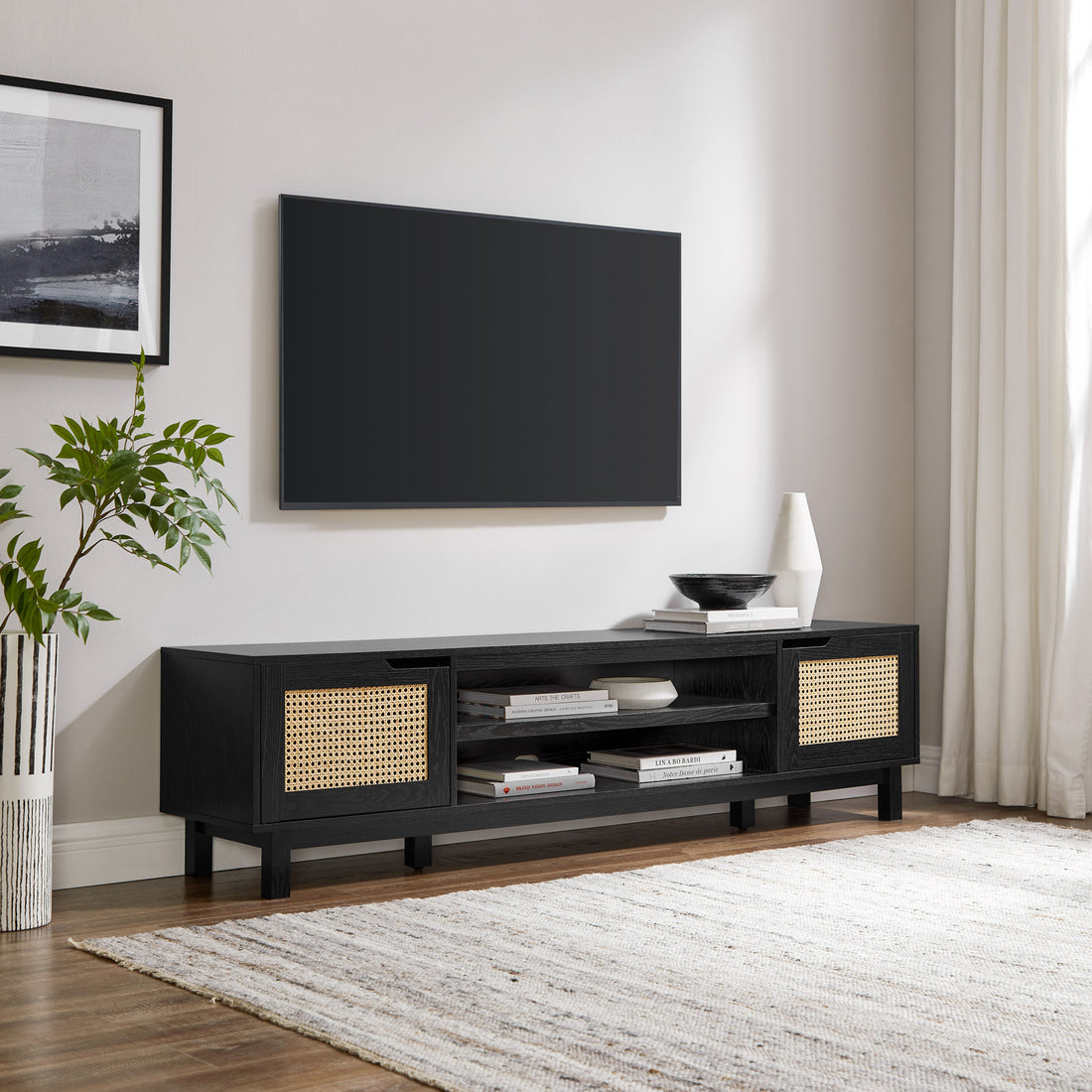 Modern Rattan Door Low Tv Stand For Tvs Up To 80 Inches Black Black 80 89 Inches Mdf Mdf