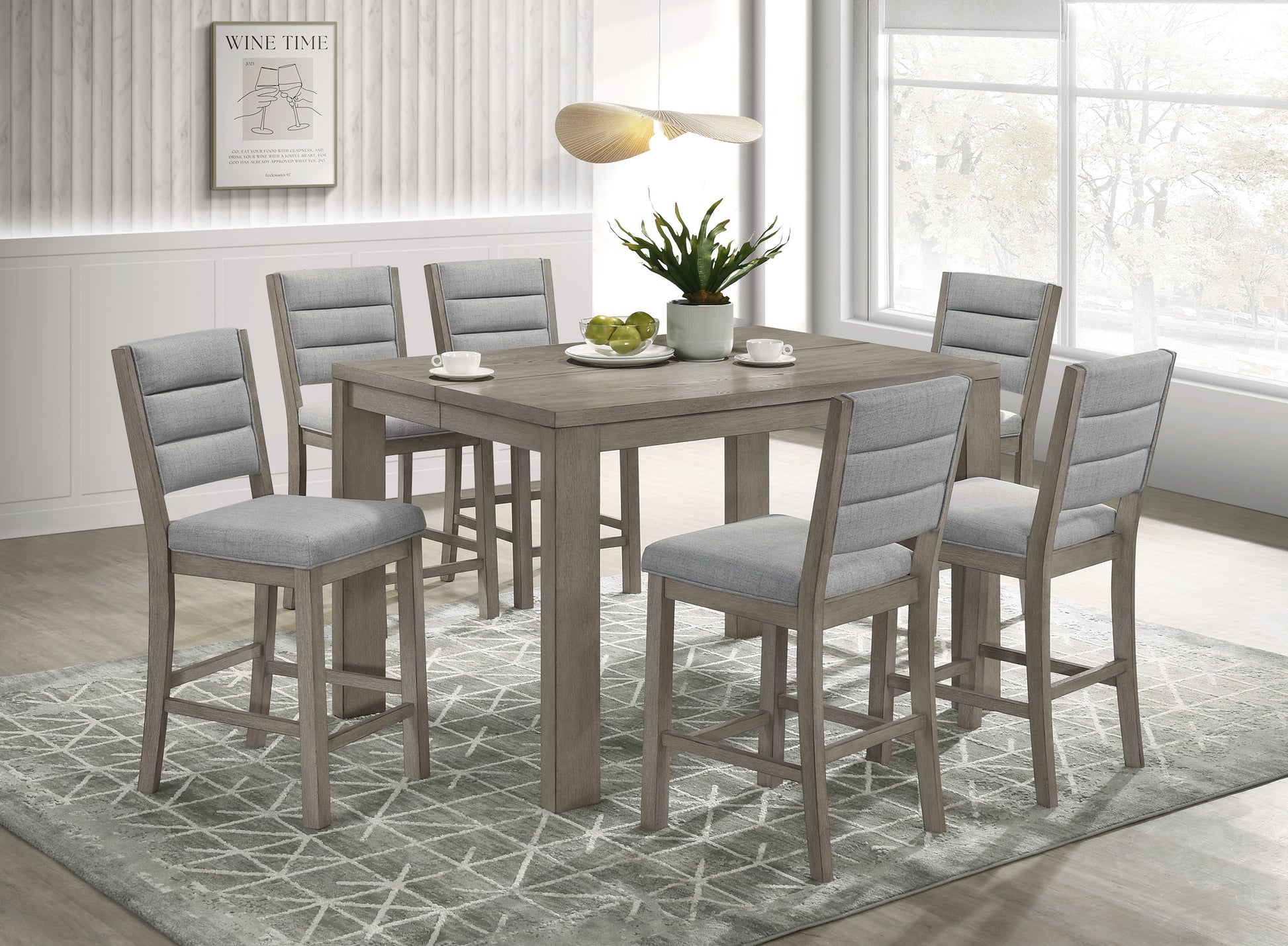 7Pc Dining Set Contemporary Farmhouse Style Counter Height 18" Expandable Leaf Table Gray Finish Upholstered Chairs Wooden Solid Wood Dining Room Kitchen Furniture Upholstered Chair Wood Brown Gray