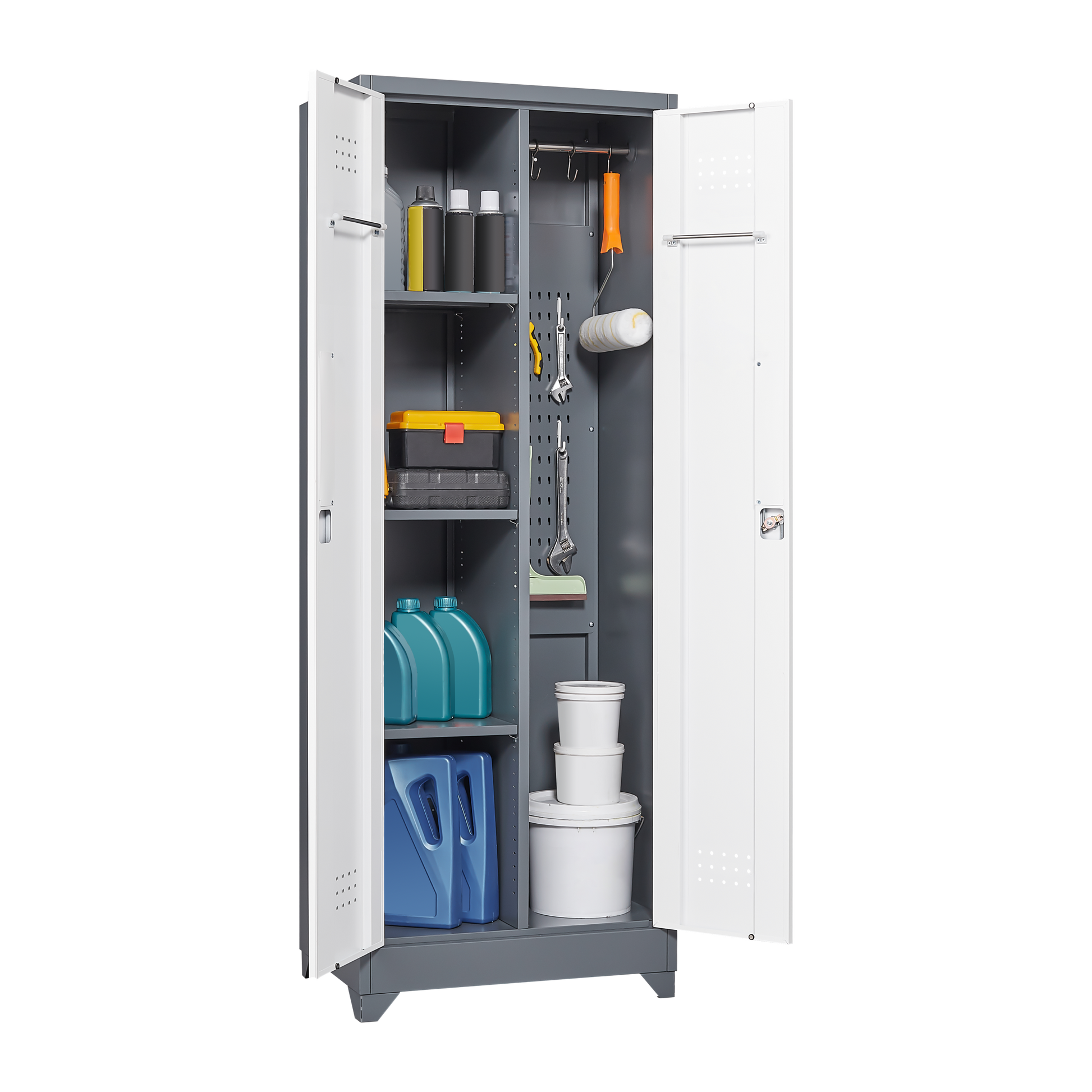 Metal Storage Cabinets, Cleaning Tool Cabinet With Locking Door, Tall Broom Tool Organizer And Storage, Large Storage Cabinet For Kitchen, Pantry, Office, Shop 3 4 Shelves Grey White Door Locks Modern Metal