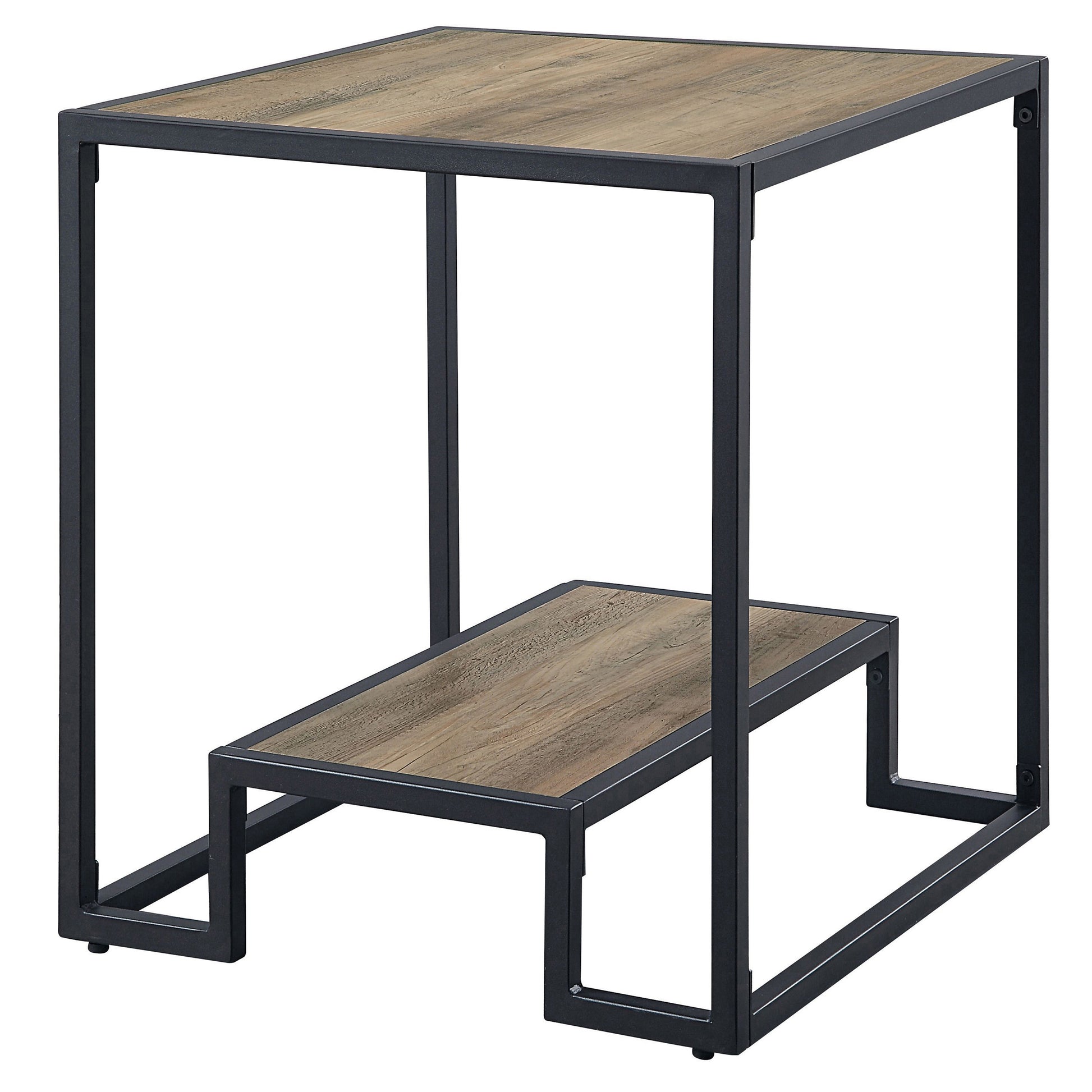 Rustic Oak And Black End Table With Open Shelf Black Brown Primary Living Space Industrial Shelves Rectangular Wood Metal Sled