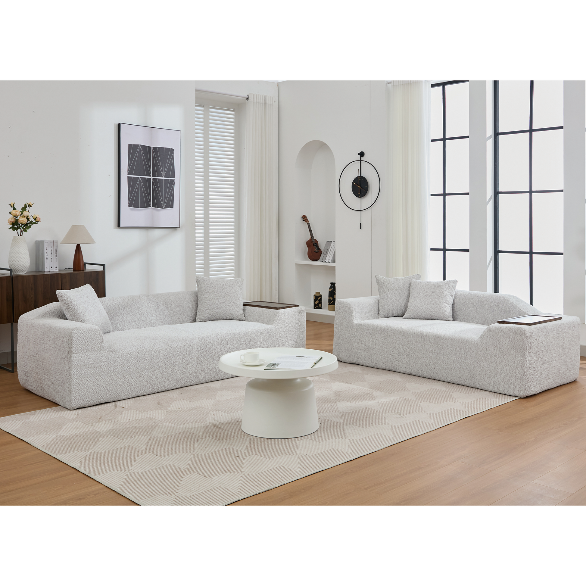 Arrived 2 Piece Boucle Cloud Sofa Set, Upholstered Sofa Set, Modern 3 Seater And 2 Seater Sofa With Mdf End Table For Living Room ,Apartment,3 2 Couch,Boucle, Light Gray Light Gray Polyester Primary Living Space Soft Tight Back Modern Square Arms Foam