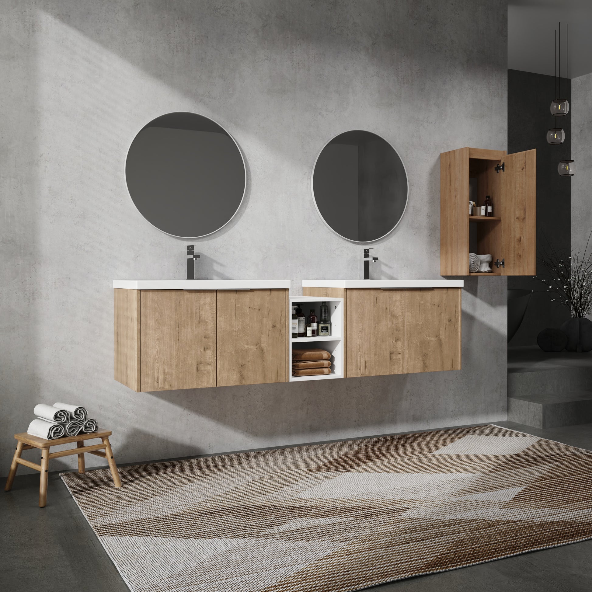 72" Wall Mounted Bathroom Vanity With Sink And Side Cabinet, Soft Close Doors,00112Imo 00630Imox2 00612Gwh Combination Cabinet Kd Packing Imitative Oak Bathroom Modern Plywood Plywood