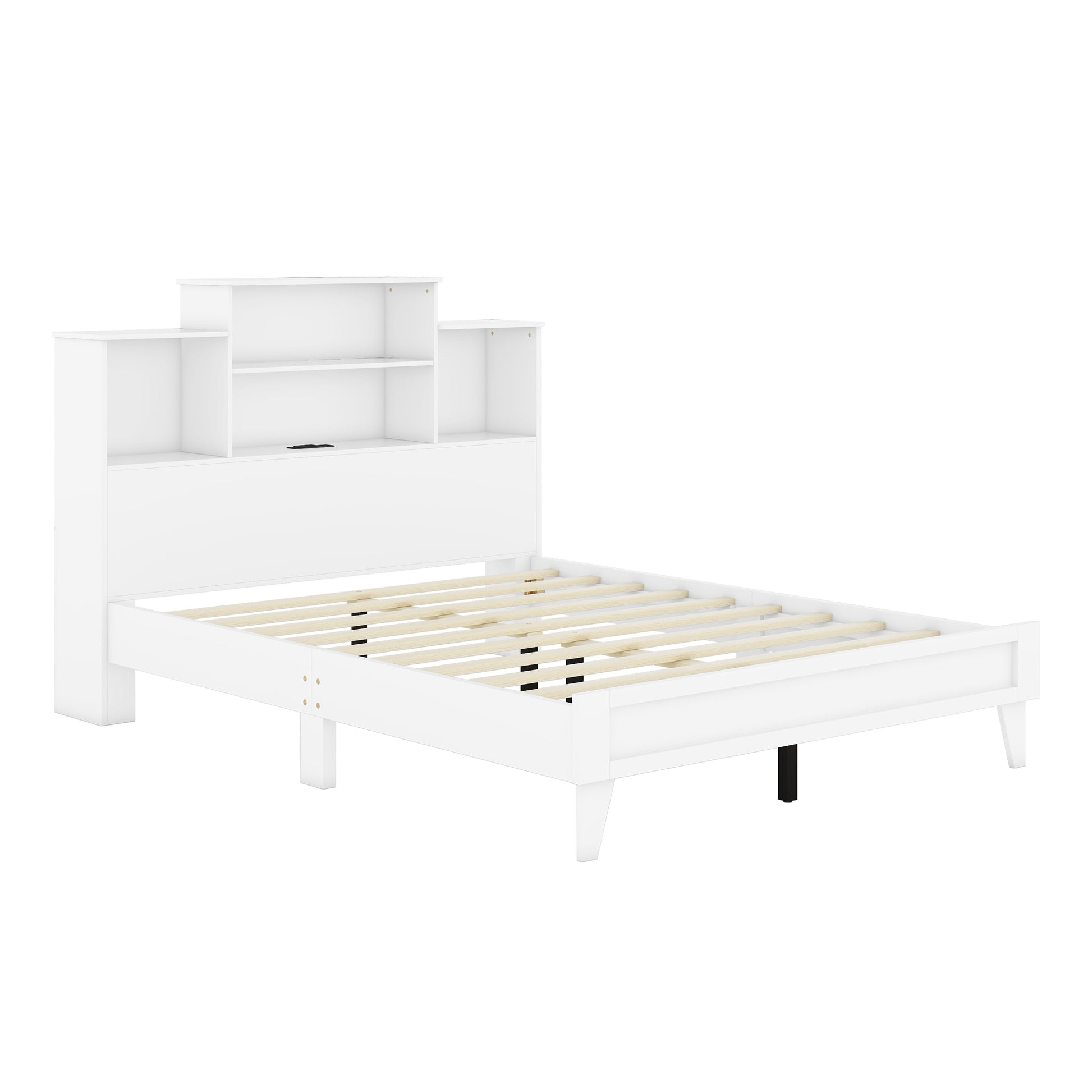 Queen Size Storage Platform Bed Frame With 4 Open Storage Shelves And Usb Charging Design,White Queen White Solid Wood Mdf