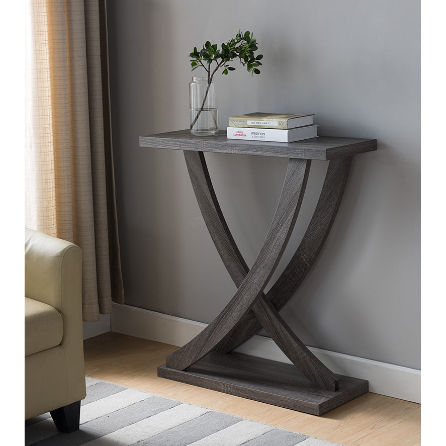 Modern Console Table With Curved Intersecting Legs And Spacious Top In Distressed Grey Gray Mdf