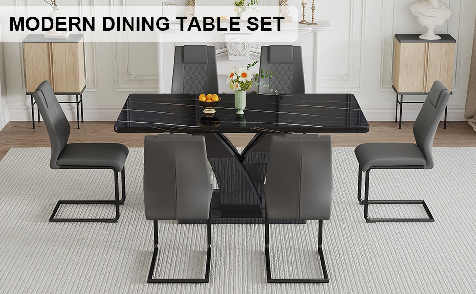 Table And Chair Set, Modern Dining Table, Black Tabletop And Black Mdf Leg Table, Soft And Comfortable Dining Chair, Perfect For Dinner, Meetings, Home And Office Decor Black Grey Mdf