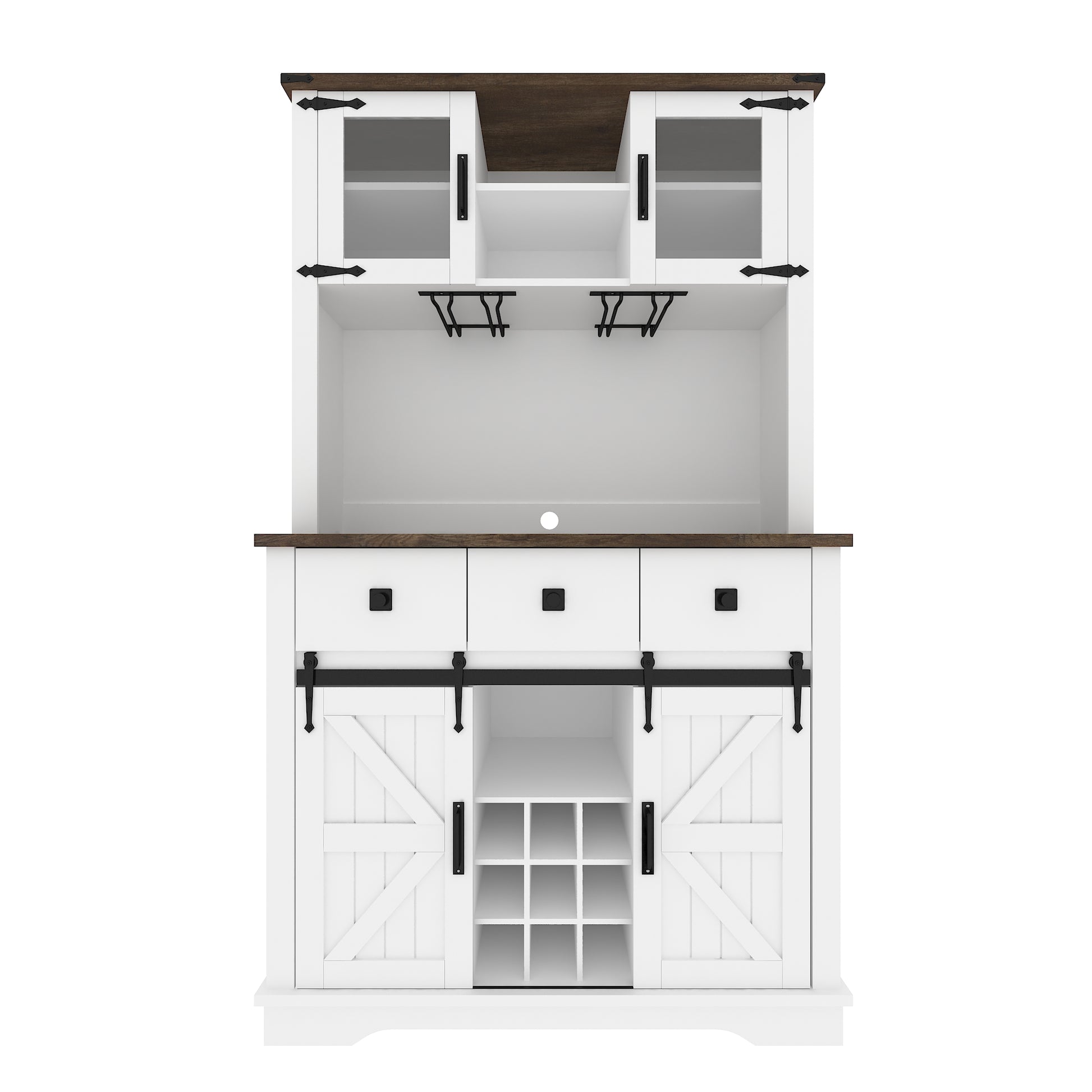 Farmhouse Bar Cabinet With Sliding Barn Door, 70" Rustic Buffet Cabinet With Storage Shelves, Liquor Cabinet With Wine And Glasses Rack, Sideboard Cupboard For Kitchen, Dining Room Antique White