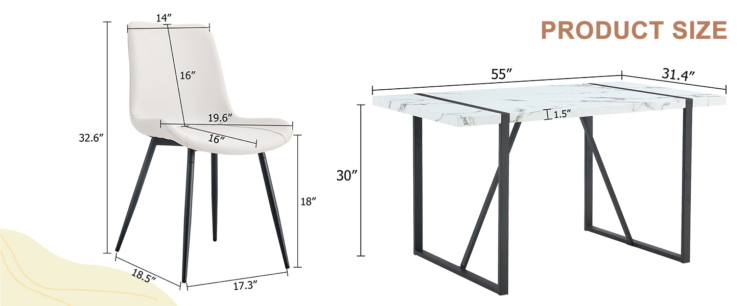 Table And Chair Set.A Modern Minimalist White Marble Veined Mdf Dining Table With Metal Frame.Paried With 4 Chairs With Pu Cushions And Black Metal Legs. White Seats 4 Mdf Metal