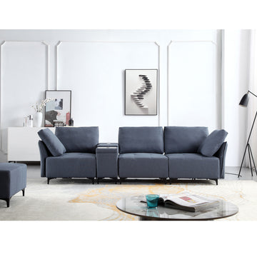 Modular Sectional Sofa,Multifunctional Couches For Living Room With Storage, Mid Console With Speaker And Storage,2 Usb Port And 1 Type C ,Wireless Charging Ceramic Top,Aluminum Cup Holder. Blue Linen Wood Primary Living Space Medium Soft Loose Back