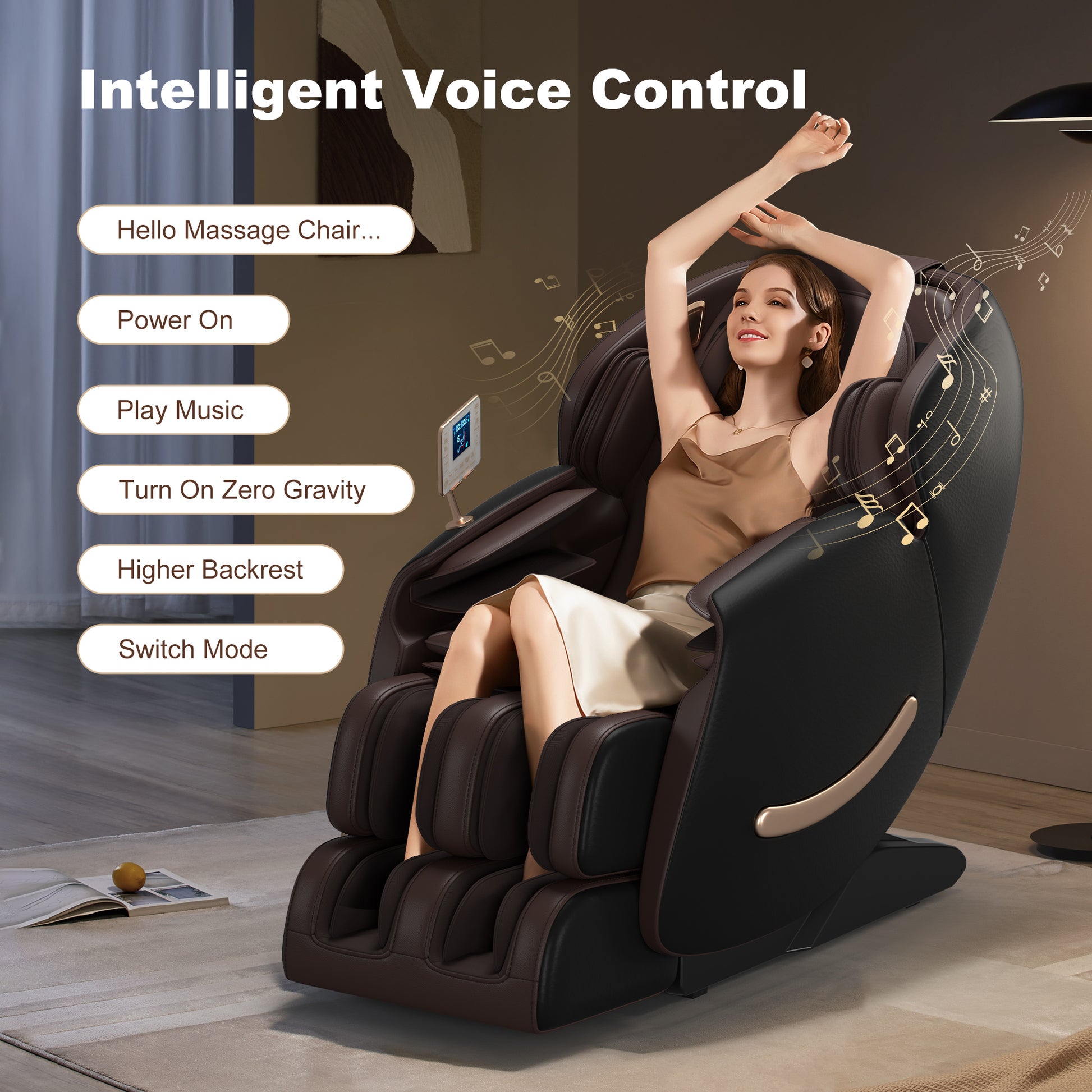 Deluxe Massage Chair, Full Body Zero Gravity Recliner With Ai Voice Control, Sl Track, Bluetooth, Foot Rollers, Airbags, Heating Black Black Brown Faux Leather Power Remote Primary Living Space Medium Duty Luxury,Modern Push Button Polyurethane Foam Abs