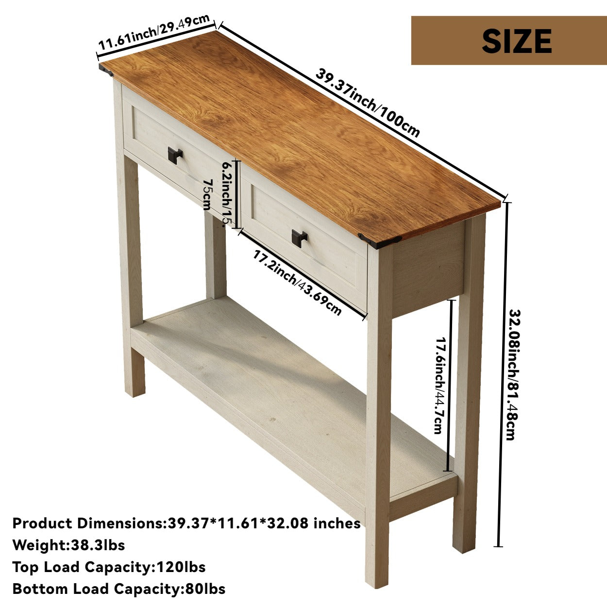 Farmhouse Style Console Table With 2 Drawer And Bottom Storage Shelf For Entryway, Rustic Side Table With Storage Drawer And Shelf For Living Room, Hallway Antique White Primary Living Space Farmhouse,Rustic Freestanding Drawers Console Tables