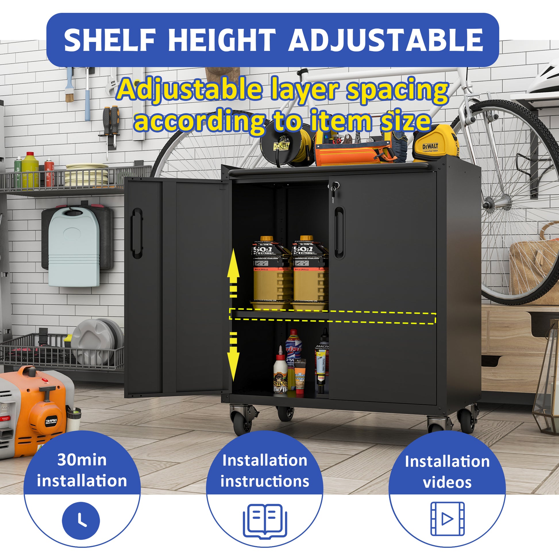 Heavy Duty Metal Garage Storage Cabinet With Wheels Sturdy And Durable Tool Storage Cabinet For Garage, Office, And Home Organizer Solutions Black Steel