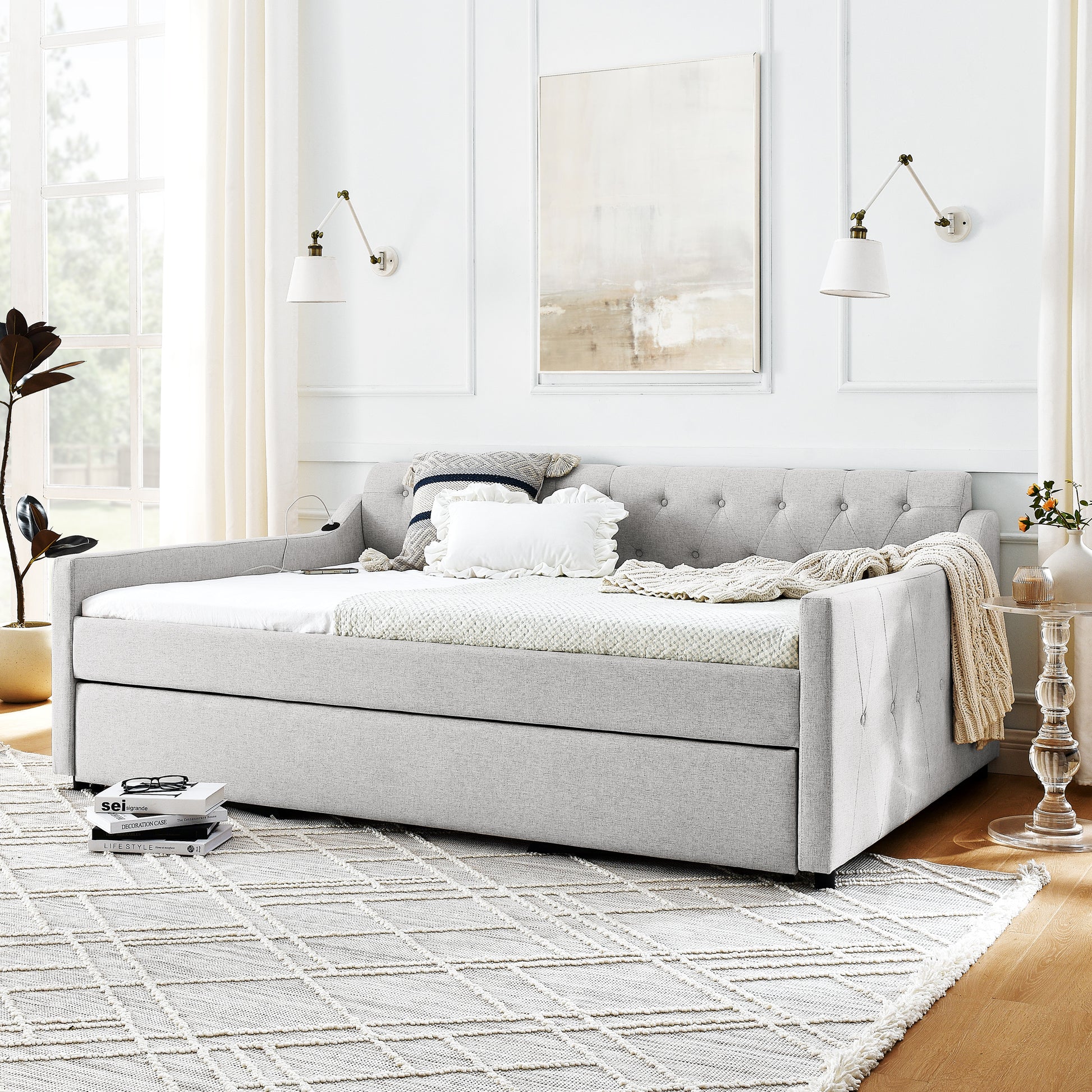 Full Size Upholstery Daybed With Twin Size Erectable Trundle And Usb Charging Design, Linen Beige Box Spring Not Required Full Beige Bedroom Linen Linen