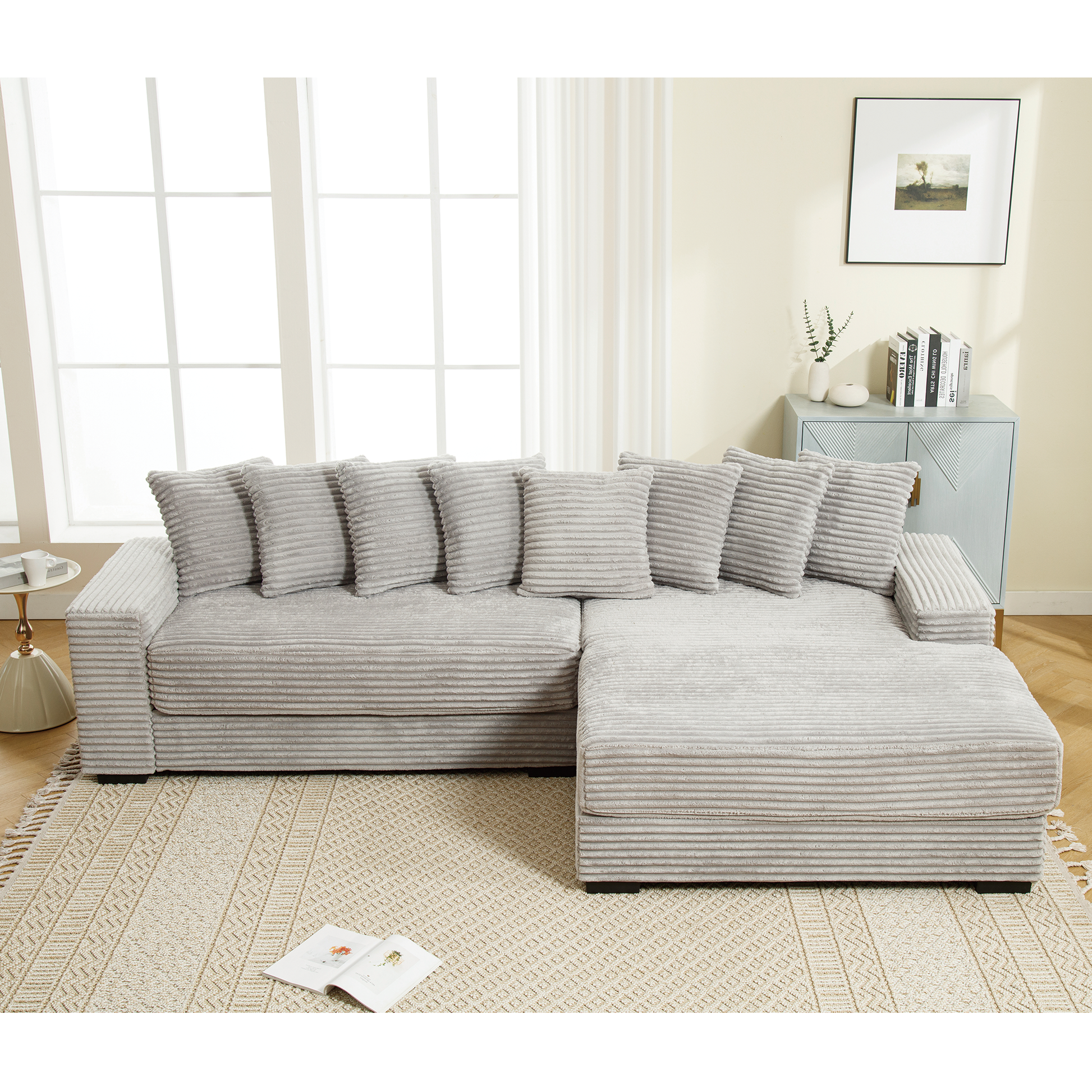 Arrived Oversized Two Piece Couches, L Shaped Sofa, Corduroy, Right Chaise Daybed,With Armrests,Eight Throw Pillows,Corner Sofa,Easy To Assemble, Gray Gray Polyester Wood Primary Living Space Medium Soft Pillow Back Modern Square Arms Wood 3 Seat