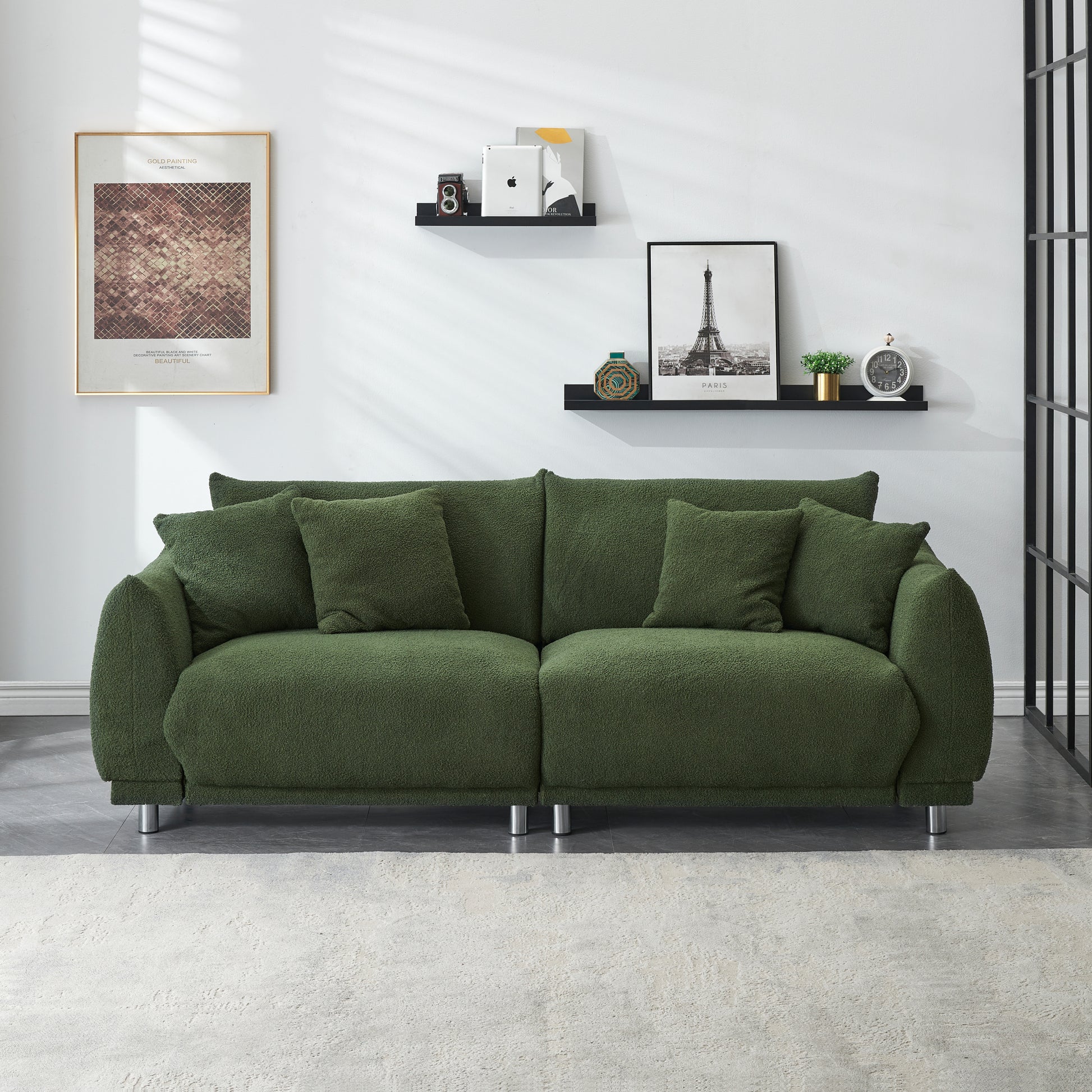 An 86.6 Inch Teddy Wool Black Sofa With Four Throw Pillows And Hardware Feet Makes It Comfortable To Sit In An Apartment Bedroom Without Taking Up Space Green Fabric 2 Seat