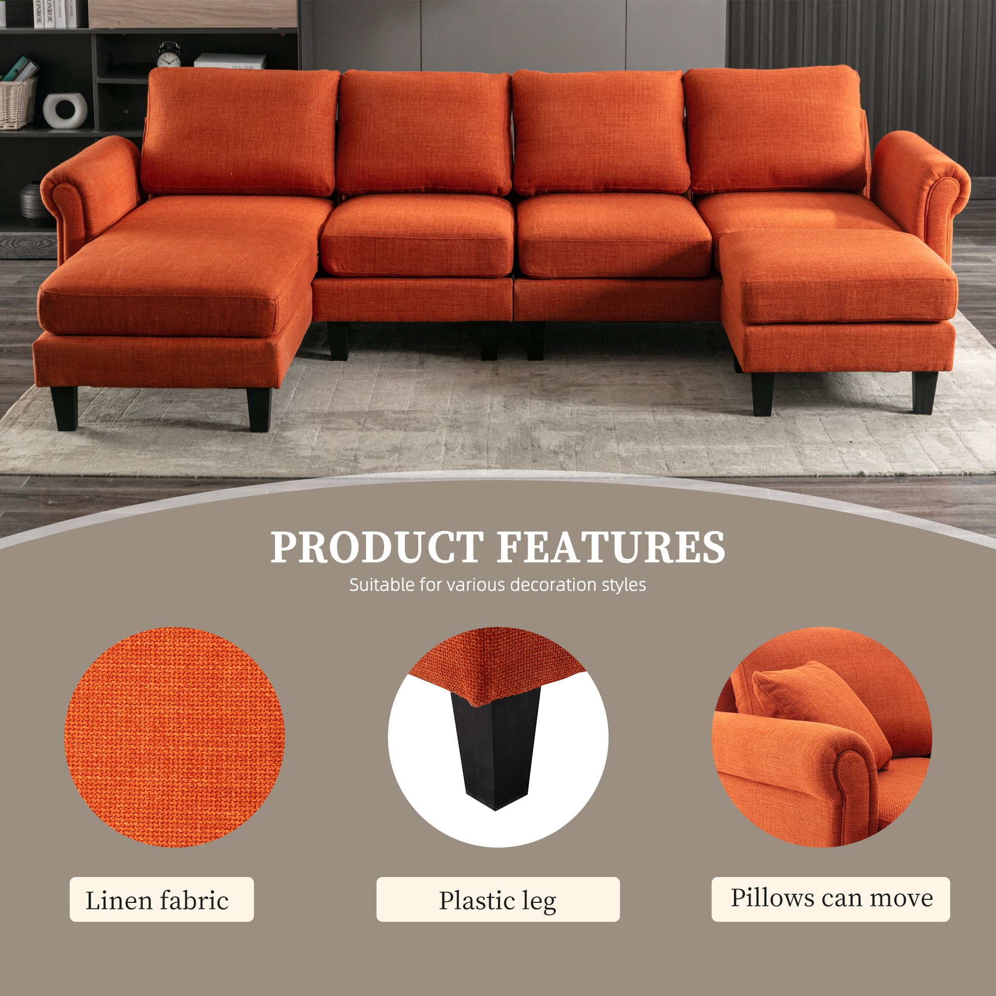 Coolmore Accent Sofa Living Room Sofa Sectional Sofa, U Shape Sectional Sofa With Ottoman, Reversible Sofa Couch For Living Room Orange Linen Orange Foam Linen 4 Seat