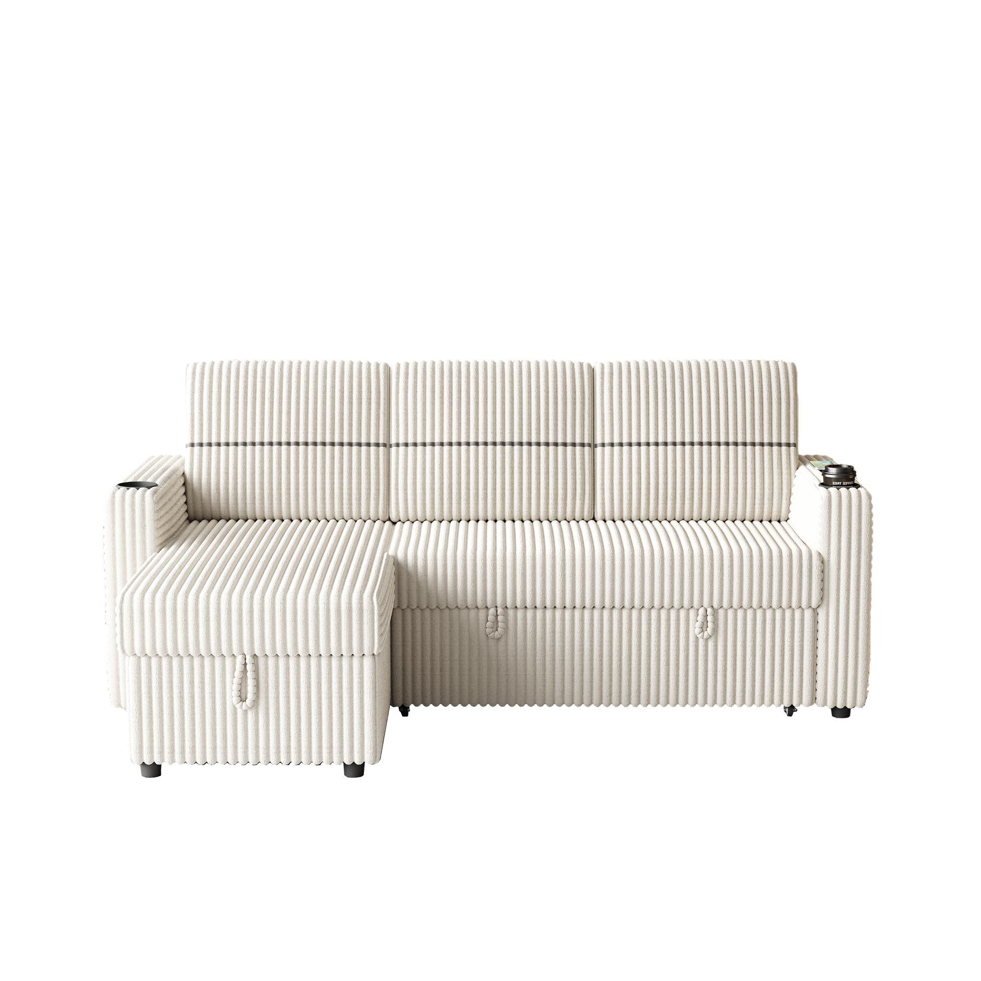 85 Inches Corduroy Sofa Bed, 3 Seater Sleeper Sofa With Storage Chaise, Square Handrail With Two Cup Holder And Usb Charge Port, Pull Out Couch For Living Room Beige Corduroy 3 Seat