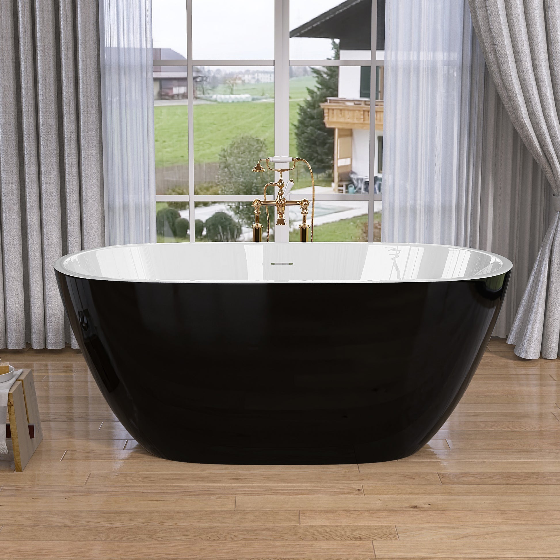 55 Inch Acrylic Freestanding Bathtub Modern Stand Alone Soaking Bathtub With Overflow And Pop Up Drain Gloss Black Black White Oval Bathroom Freestanding Tubs Polished Less Than 59 In