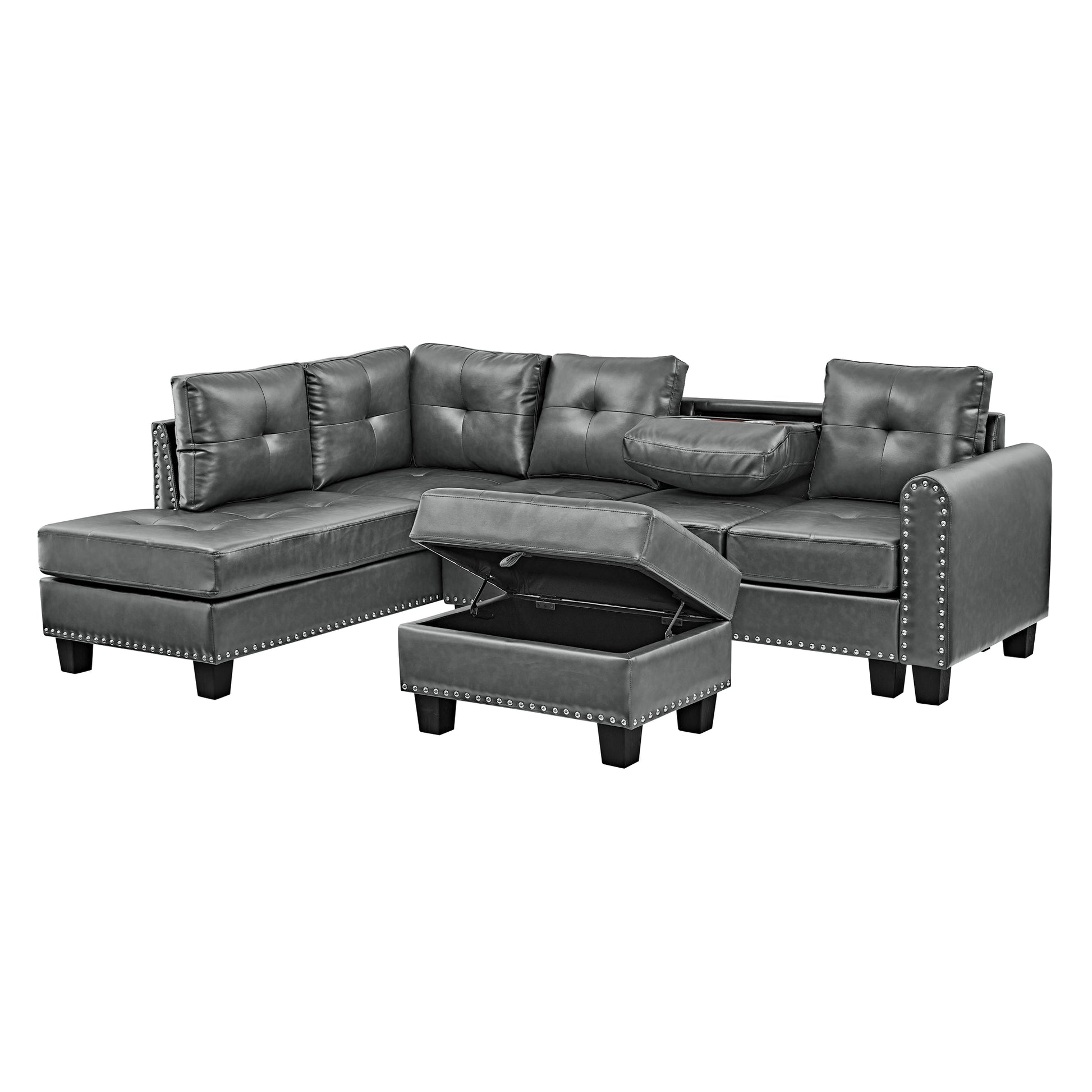 Sectional 3 Seaters Sofareversible Recliner, Storage Pad And Wood Grain Cup Holder, Non Slip Leg, Pu, Grey Gray Pu 3 Seat