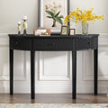 Distinctive Features Of Pine Veneer Console Table With Vertical Stripe Drawer Fronts And Four Legs Black Primary Living Space Minimalist Mdf