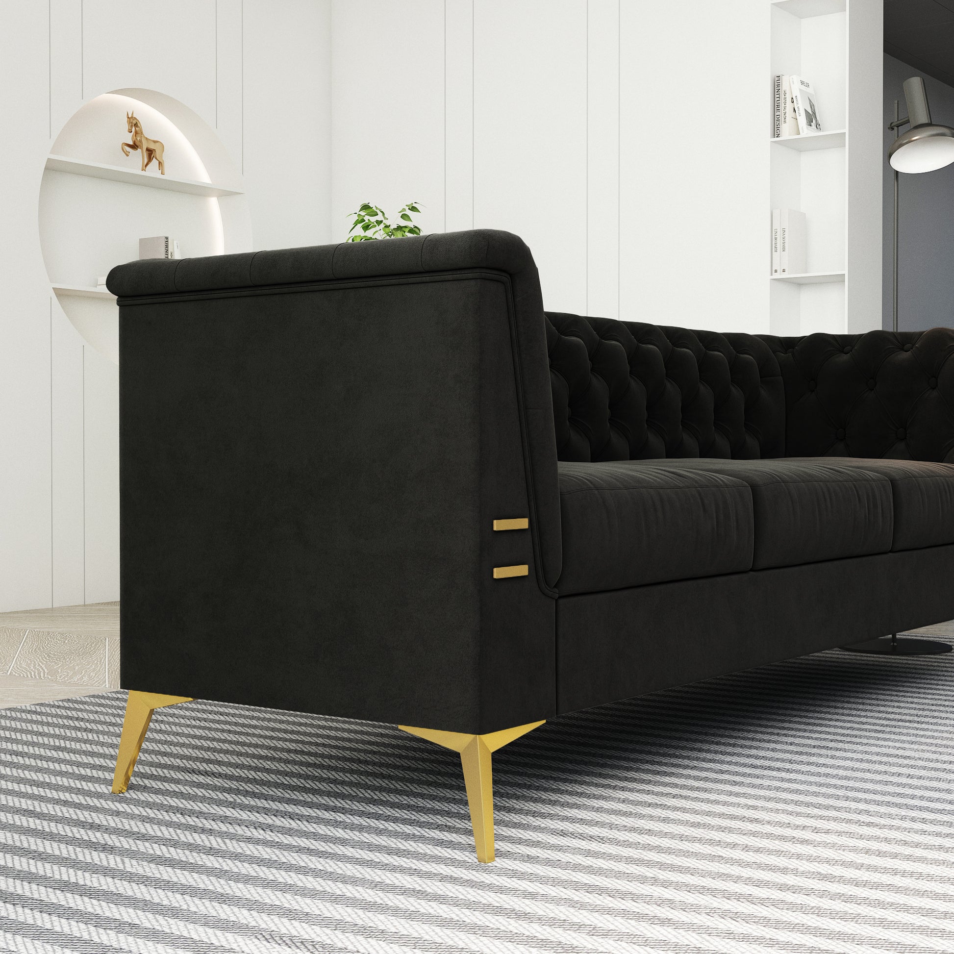 Fx P83 Bk2 Sofa Luxurious Black Velvet Sofa With Gold Legs Modern Chesterfield Design, Tufted Upholstery, 3 Seat Couch For Living Room And Office Black Velvet 3 Seat