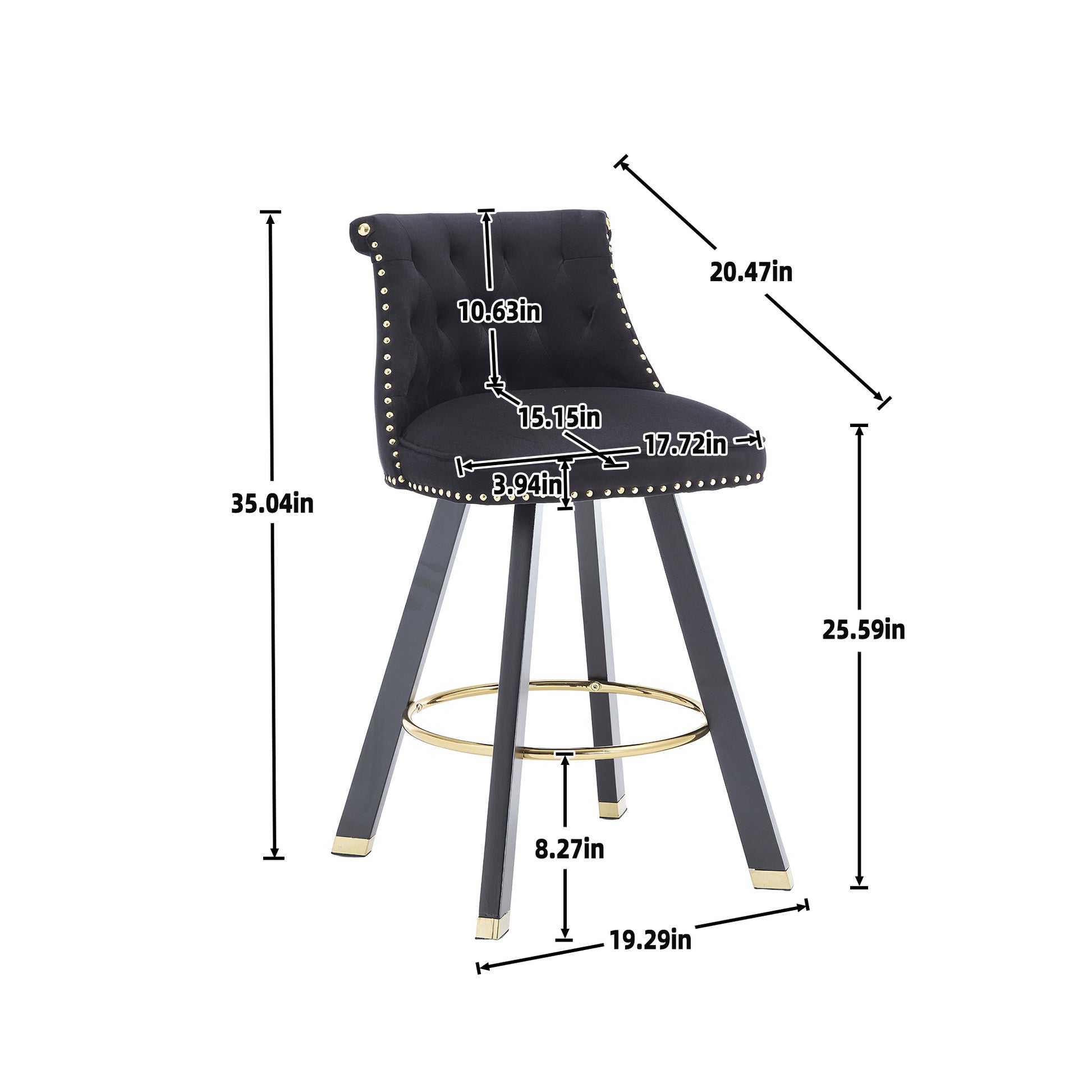 Coolmore Set Of 2,Back Pull Point Design, Velvet Material, 360 Degree Rotation, Back Pull Loop Detachable Design, Rivet Decoration, Square Foot Wooden Bar Chair Black Velvet